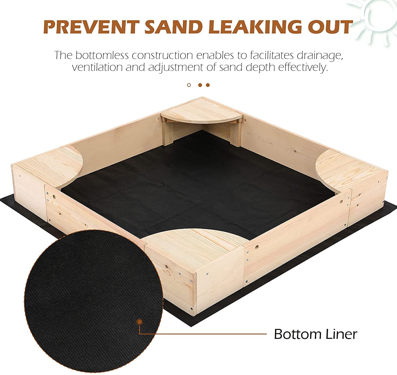 Arlopu Wooden Sandbox with Cover， Outdoor Kids Sandpit Box with 4 Built-in Corner Seats for Toddlers Age 2 to 8