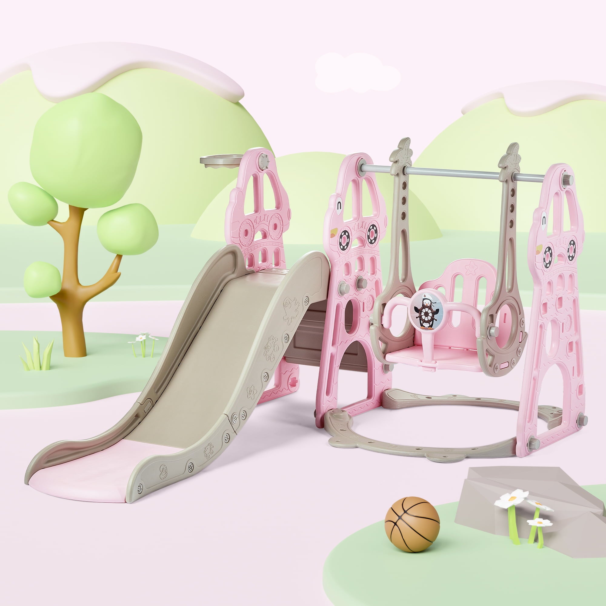 DUKE BABY 4-in-1 Kids Swing and Slide Set for Toddler Age 1-6， Extra Large Baby Indoor Outdoor Activity Playground with Basketball Hoop and Climber – Pink