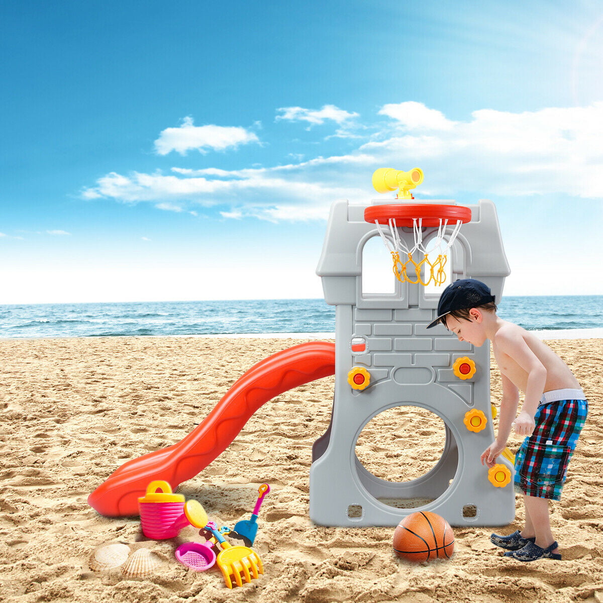 Gymax 2-Step Children Castle Slide Basketball Hoop and Telescope Toy Indoor and Outdoor