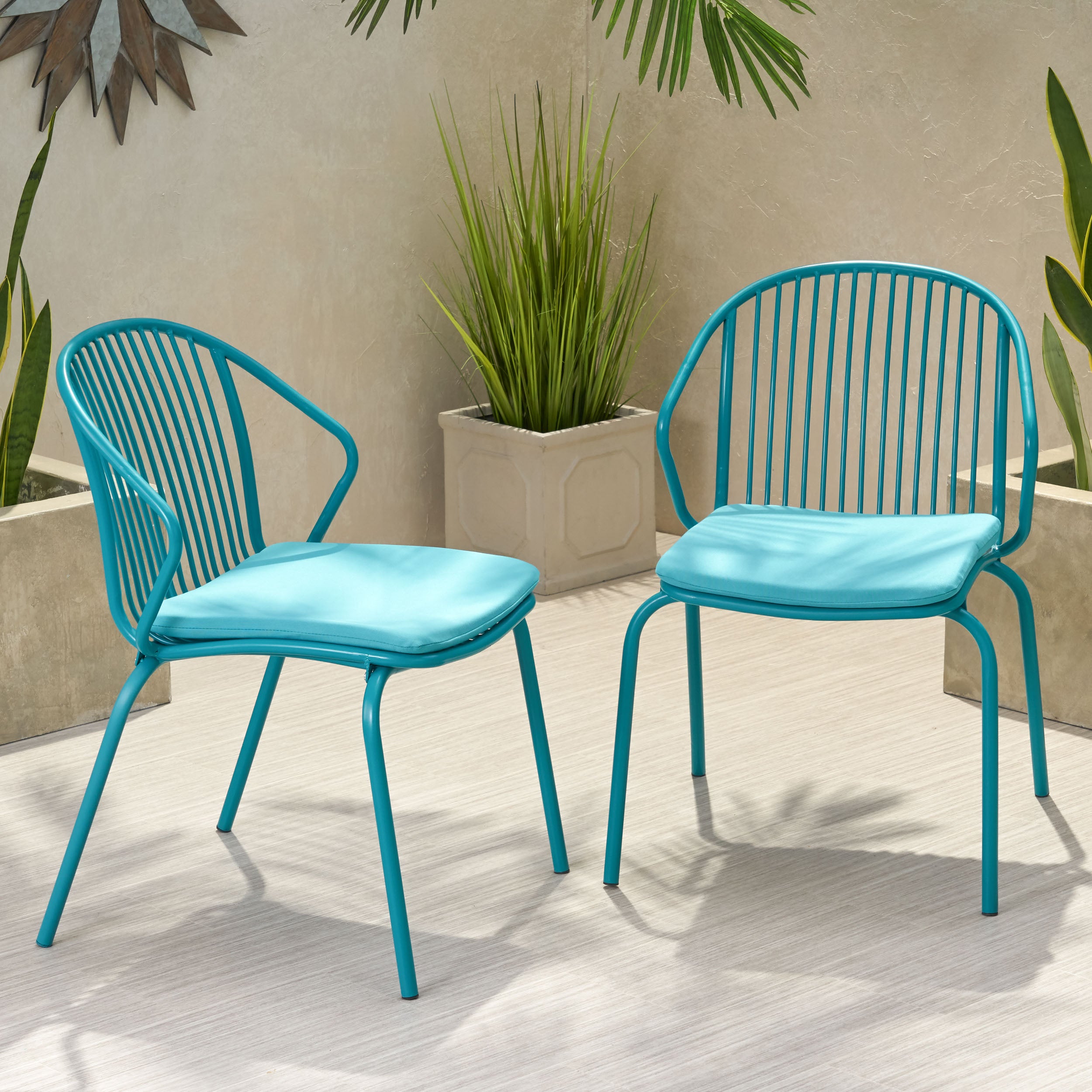 Emily Outdoor Modern Iron Club Chair with Cushion (Set of 2)