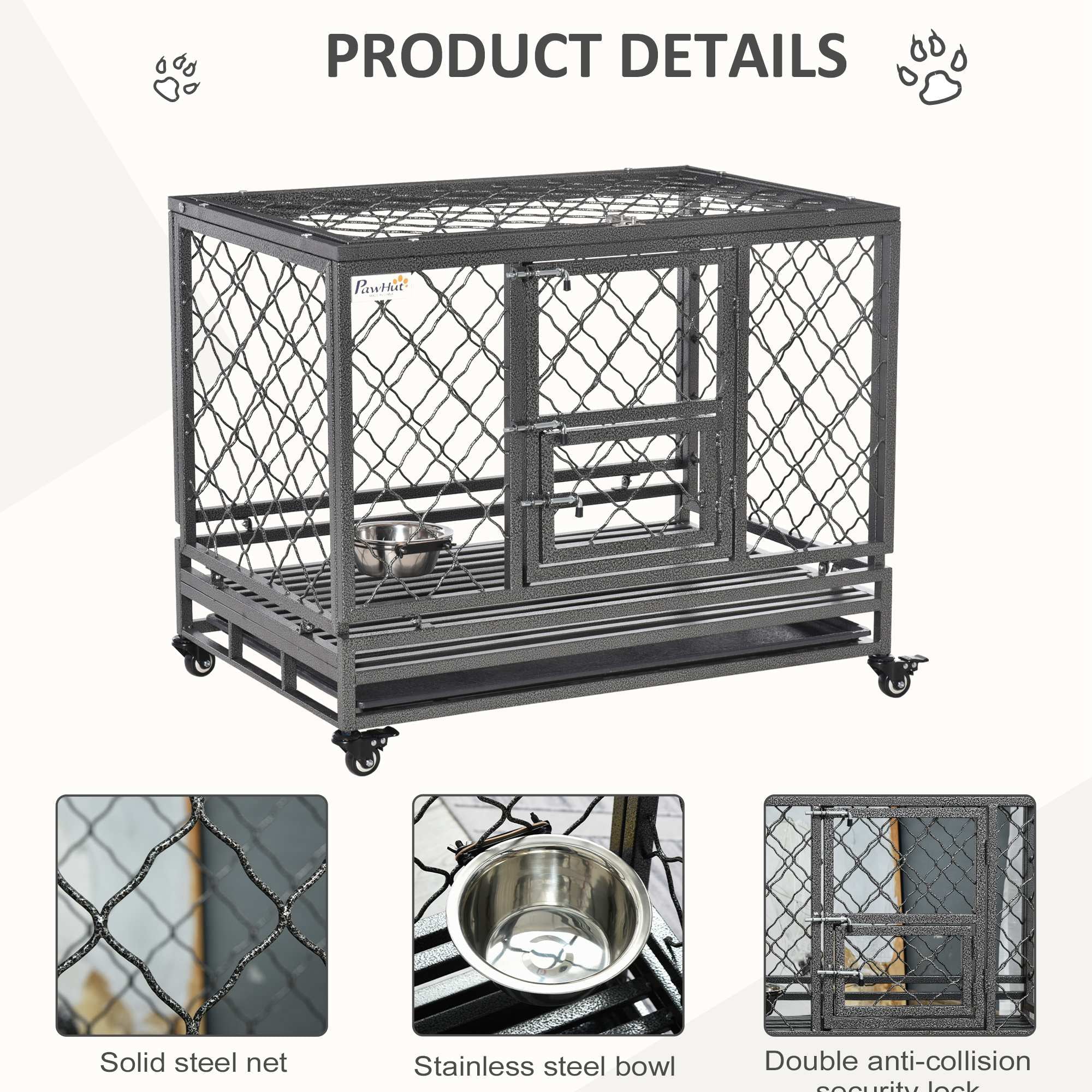 Pawhut Heavy Duty Crate Cage Kennel with Removable Tray Wheels and Lockable Door for Medium Dogs Indoor and Outdoor， 36.5