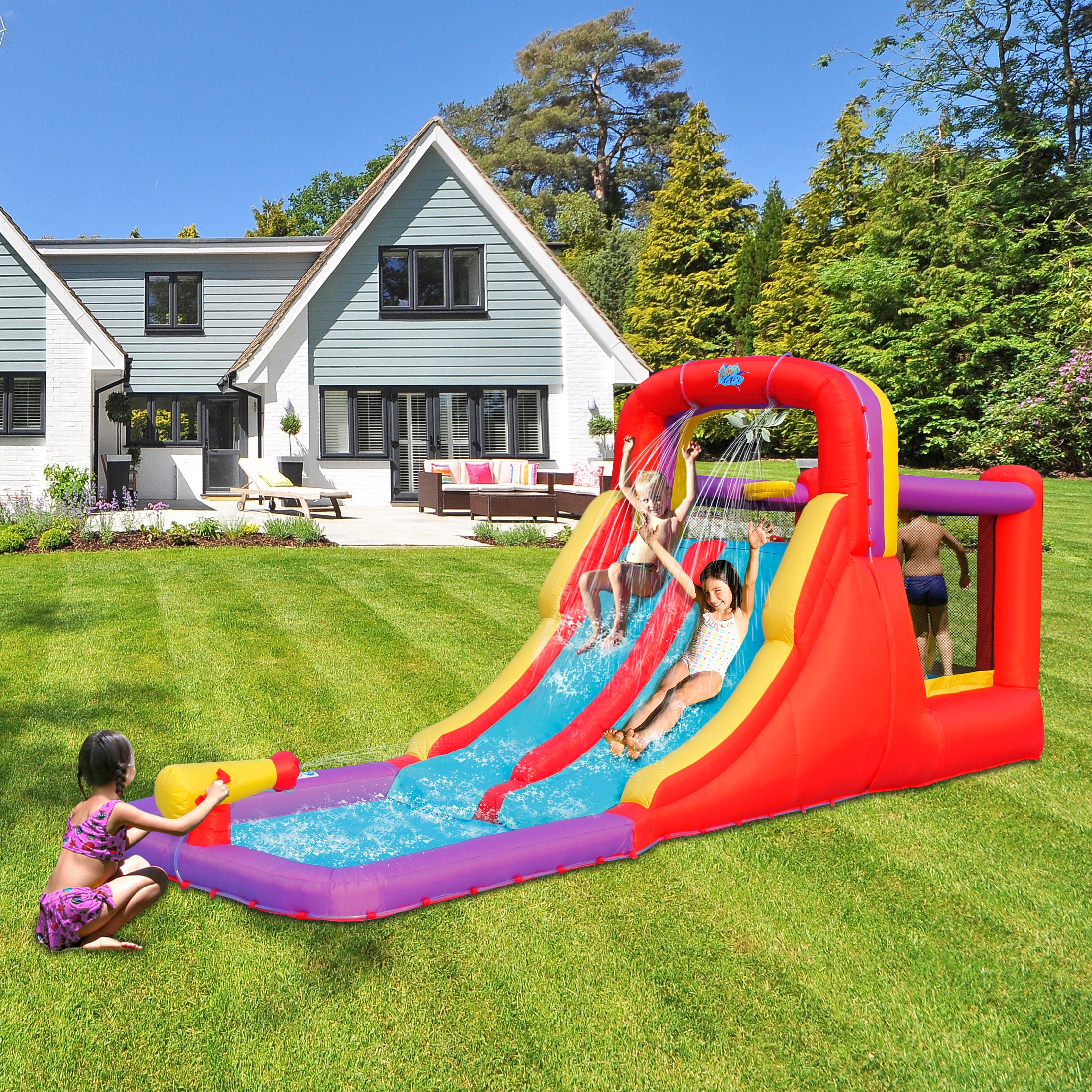 Action Air Water Slide， Inflatable Waterslides with Water Cannon， Water Bounce House for Kids Backyard