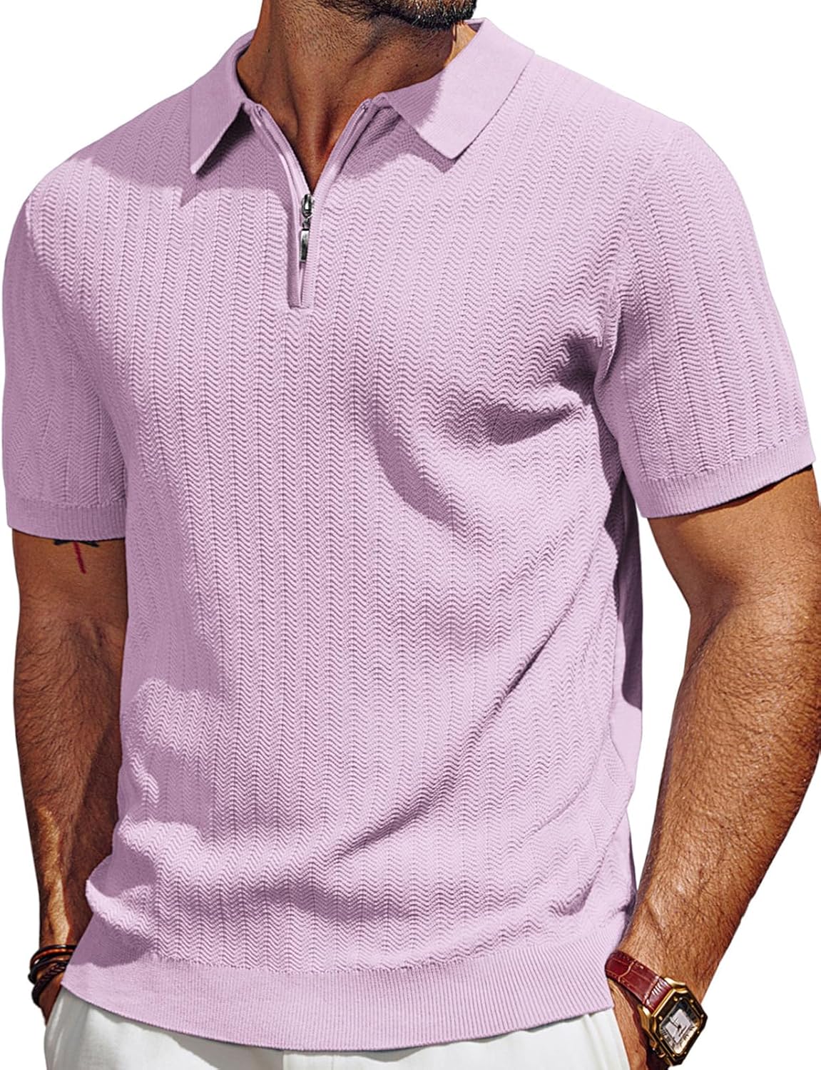 Men's Polo Shirts Quarter Zip Textured Knit Shirts Summer Shirt