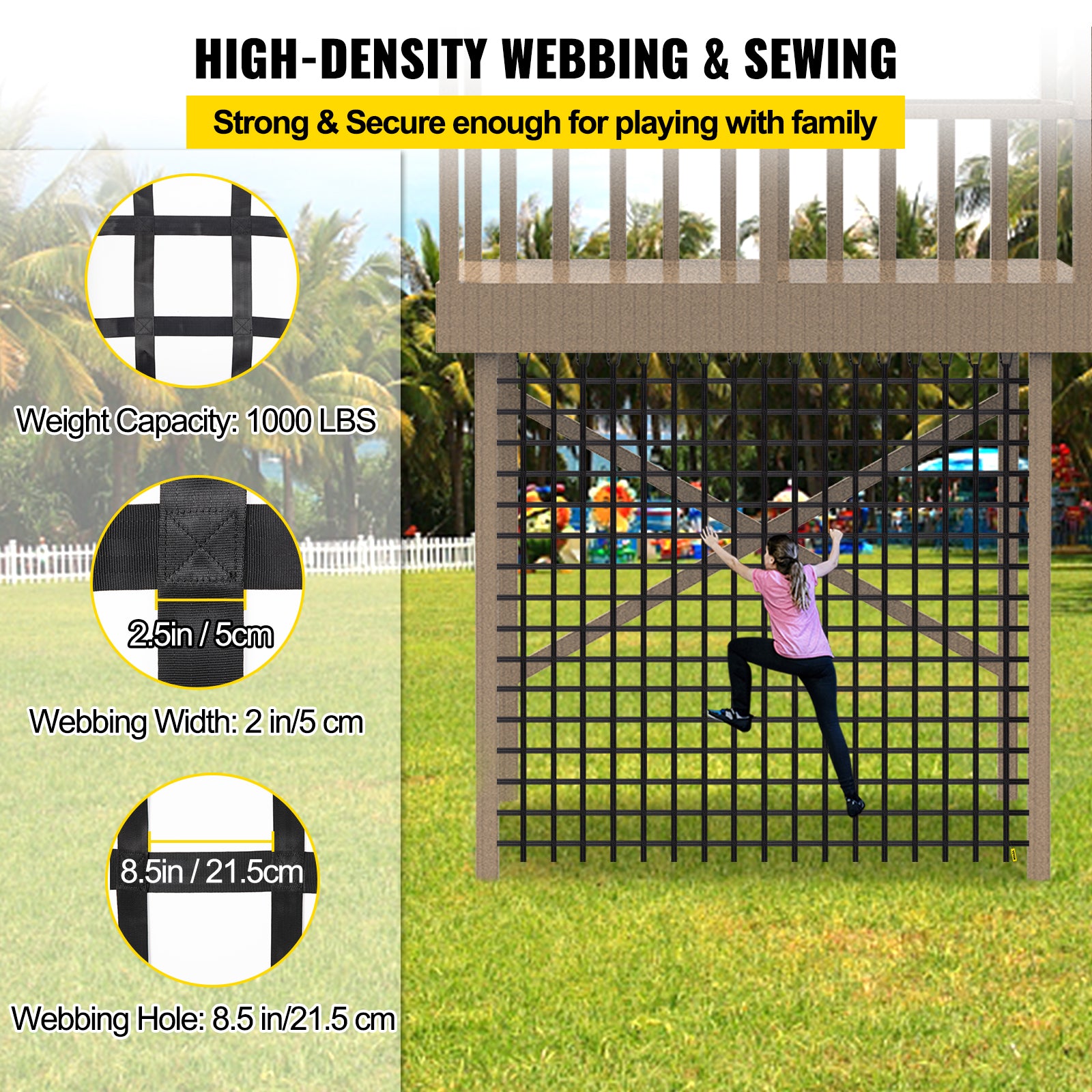VEVOR Climbing Cargo Net， 12' x 12' Playground Climbing Net， Polyester Material， Rope Ladder， Swingset， Large Military Climbing Cargo Net for Kids and Adult， Indoor and Outdoor， Treehouse， Jungle Gyms