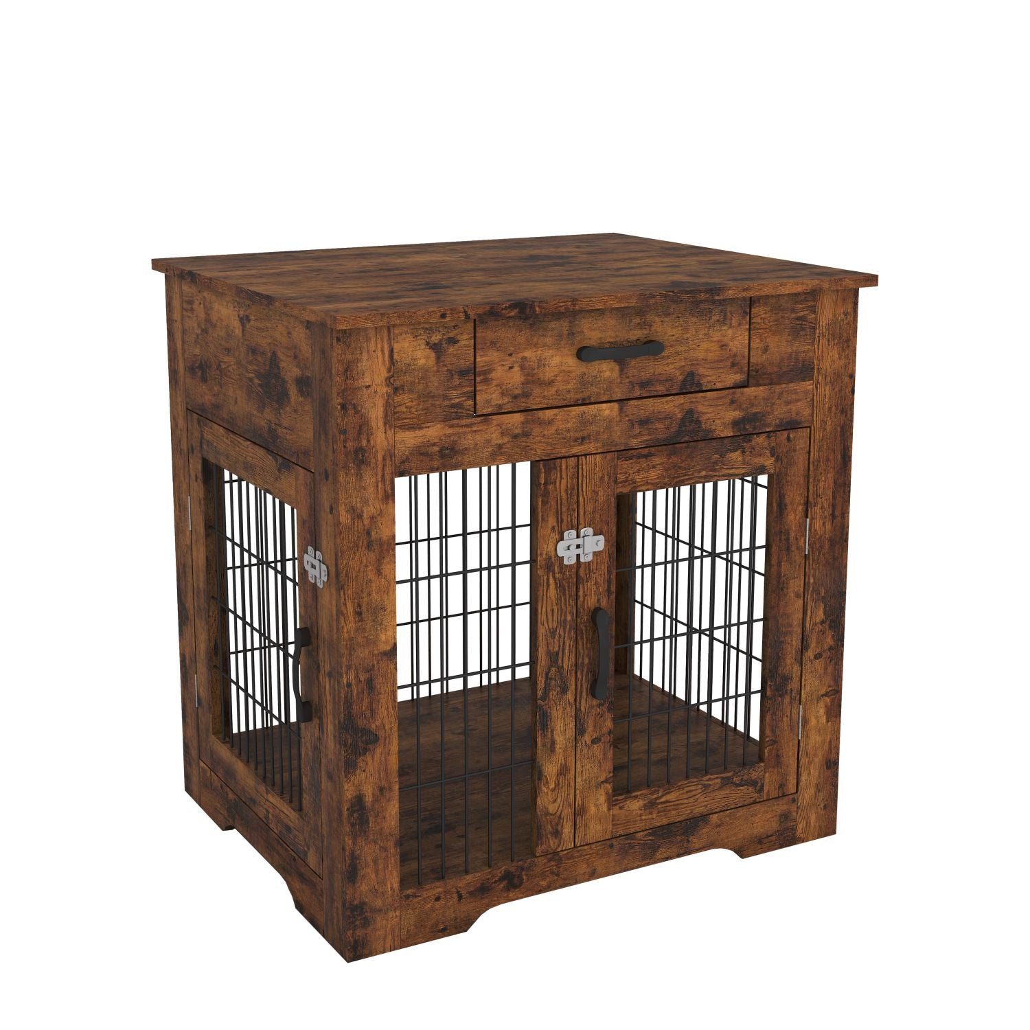 BATE Small Dog Crate Furniture-Style Pet Kennel， Double Doors Dog House with Drawer， Brown