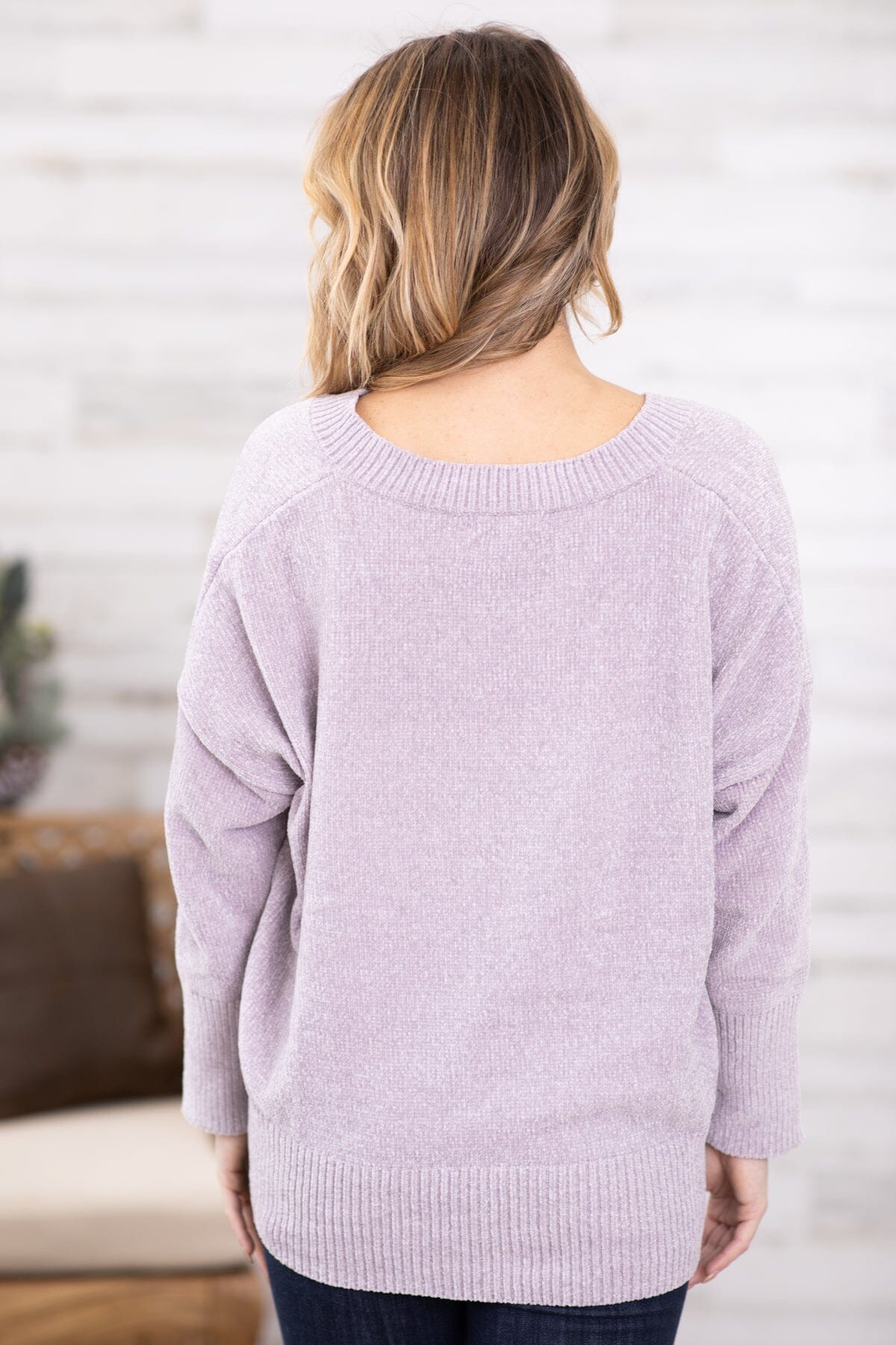 Mauve V-Neck Drop Shoulder Sweater