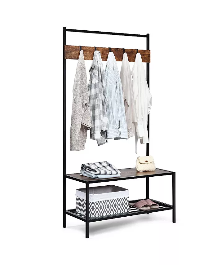 Costway 3 in 1 Industrial Coat Rack Shoe Bench Hall Tree Entryway Storage Shelf w  Hooks