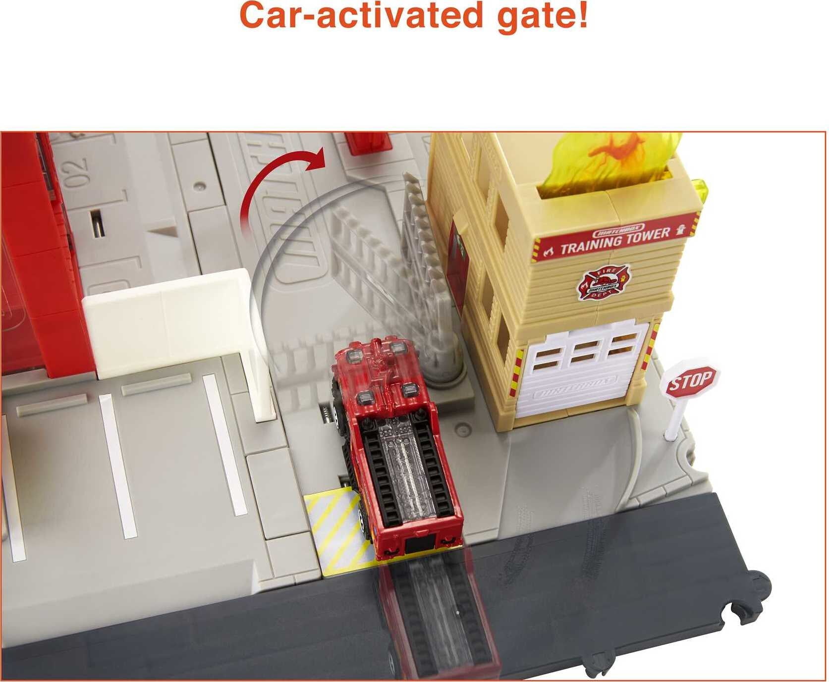 Matchbox Action Drivers Fire Station Rescue Playset and 1:64 Scale Toy Firetruck with Lights and Sounds