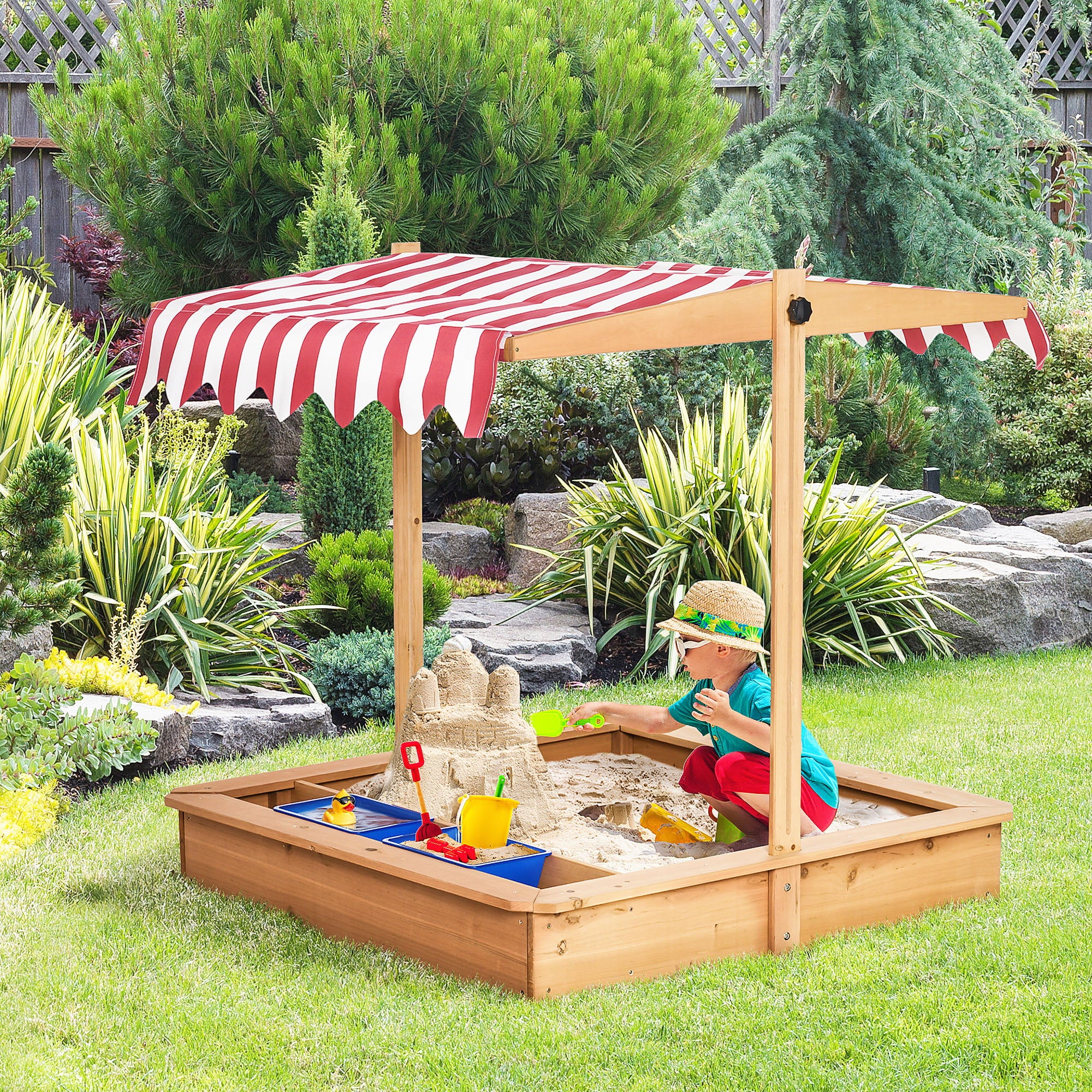 Tomshoo Wooden Sandbox， w/ Adjustable Canopy， Seats， Basins， for Backyard