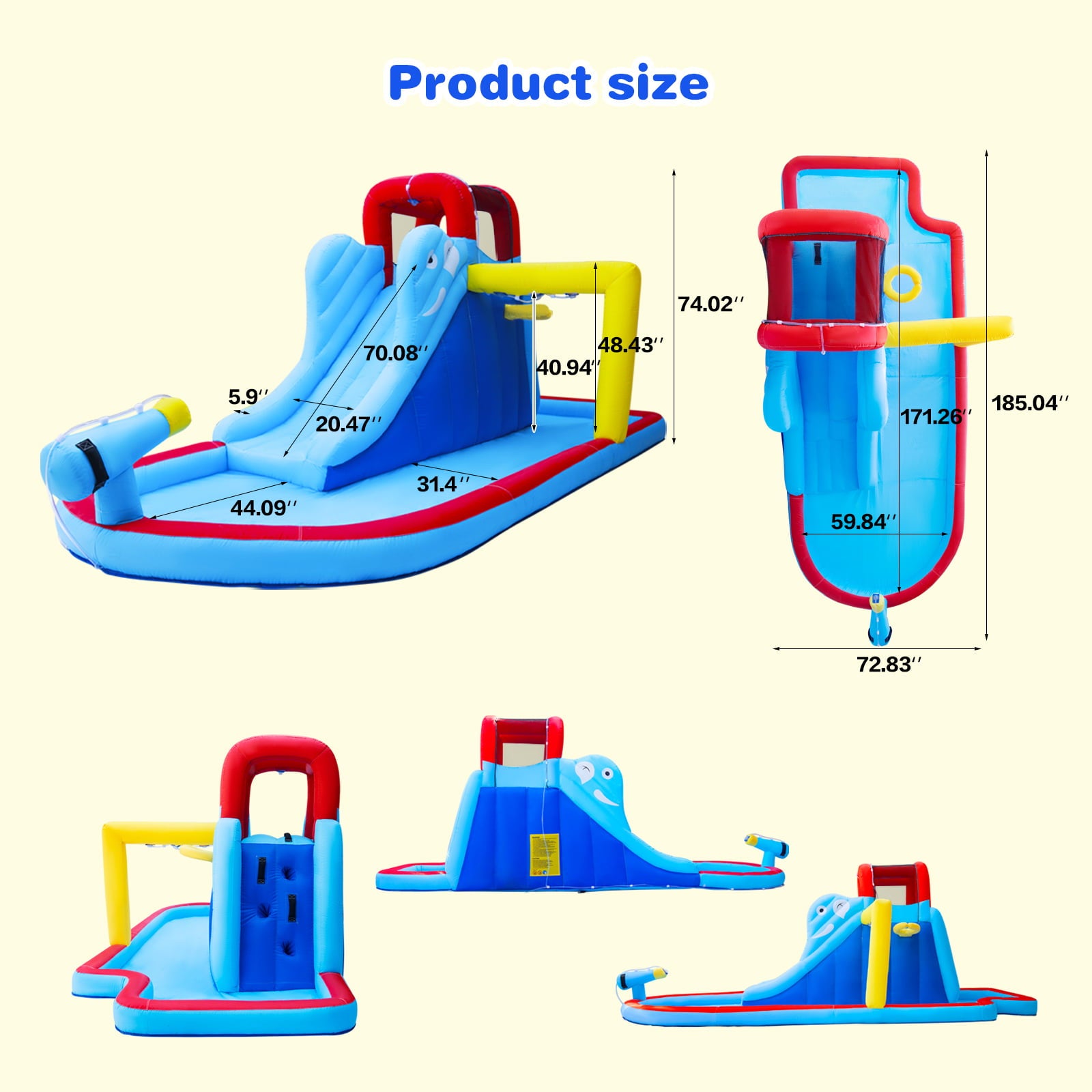 JOYLDIAS Kids Inflatable Bounce House Water Slide Bouncer Playhouse Castle with 3 Water Guns， Splash Pool， Climbing Wall， Basketball Hoop， Bag， Air Blower