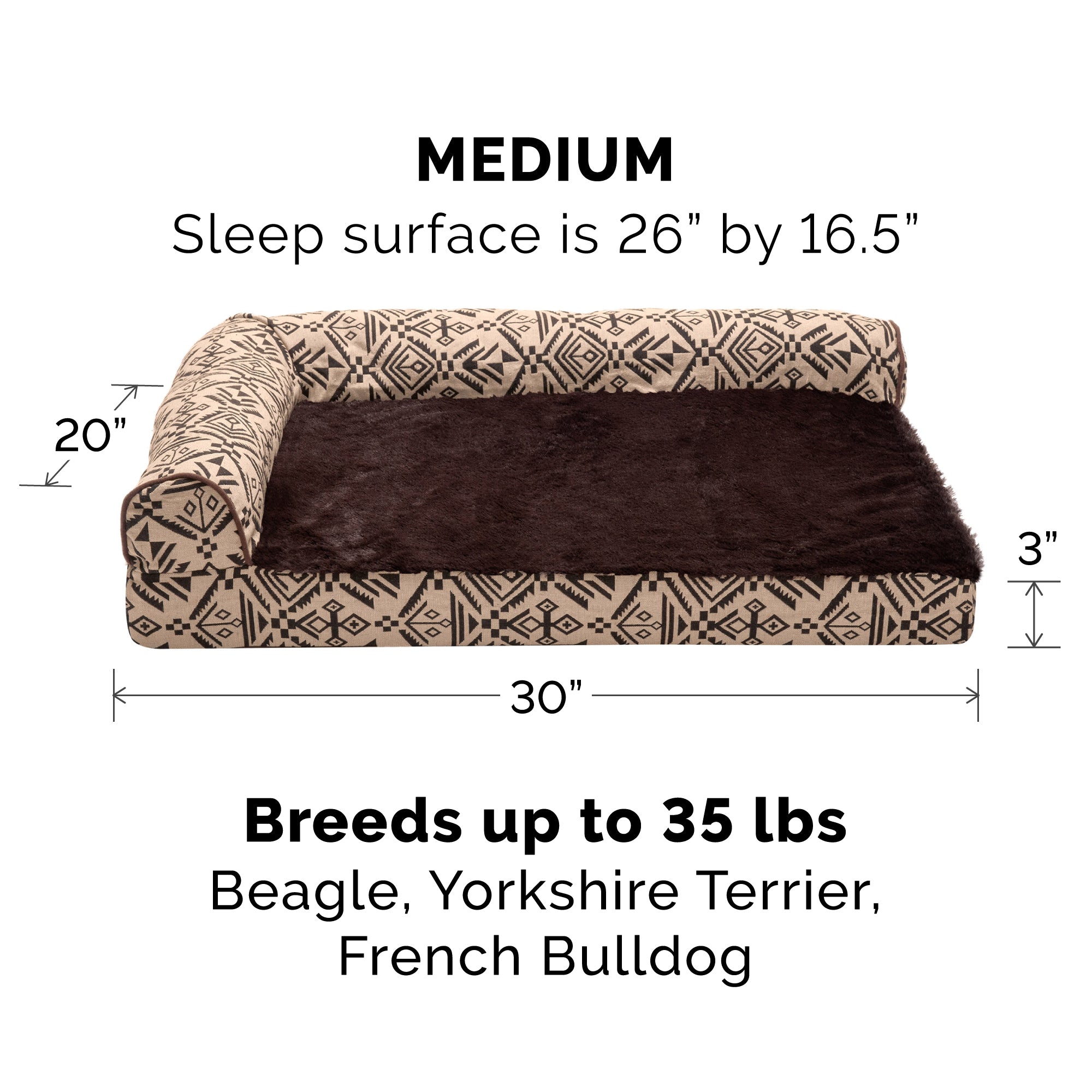 FurHaven | Deluxe Memory Foam Southwest Kilim L-Chaise Lounge Pet Bed for Dogs and Cats， Desert Brown， Medium