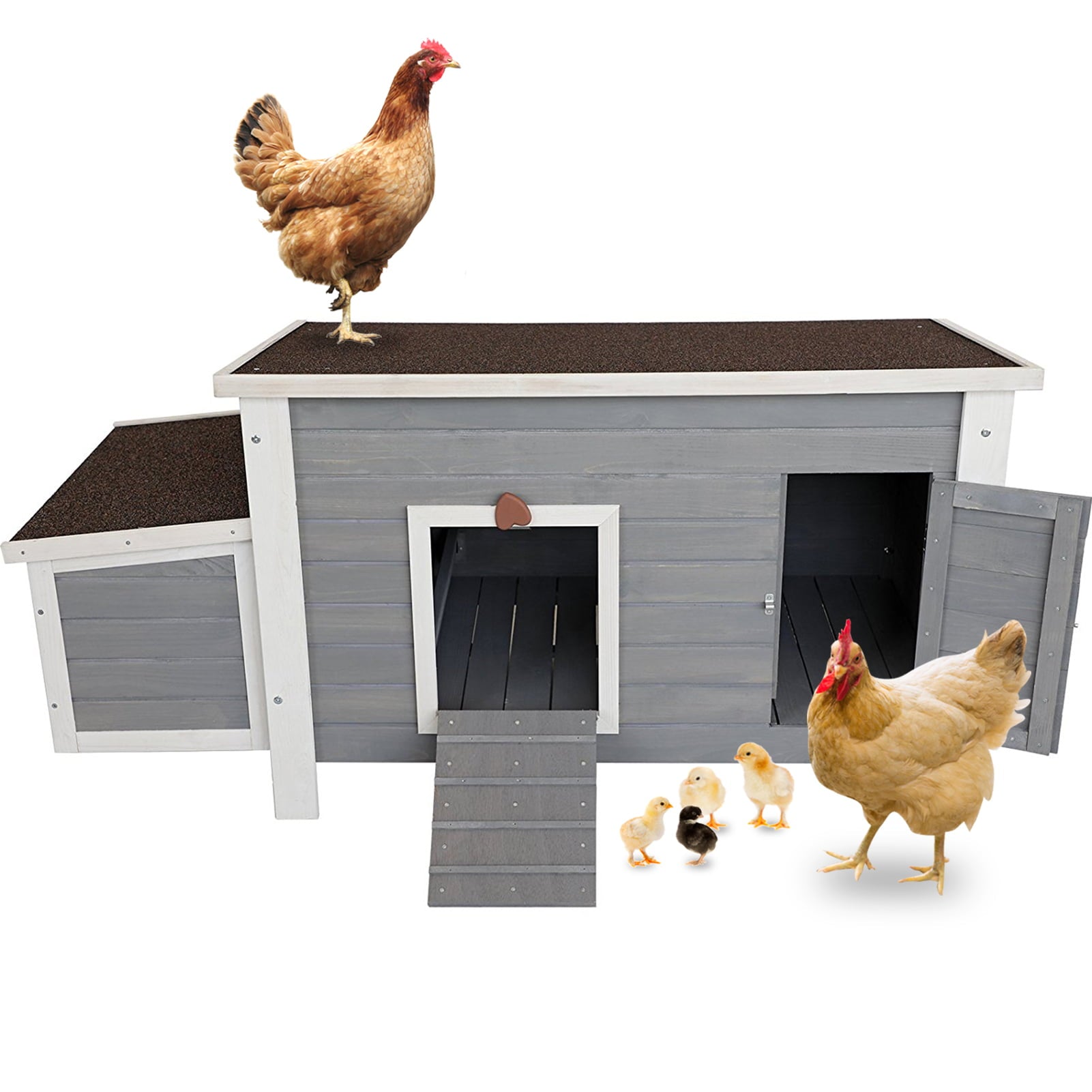 Petsfit Wooden Chicken Coop with Nesting Box，Weatherproof Poultry Cage， Rabbit Hutch Gray