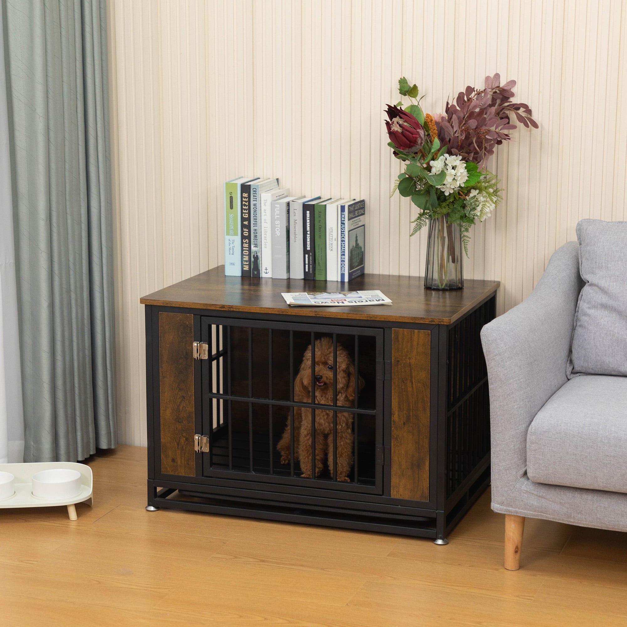 33 Inches Dog Crate Furniture， Heavy Duty Decorative Pet Cage Kennel with Tabletop， Wood Metal Dog House Indoor with Removable Tray for Small Dog