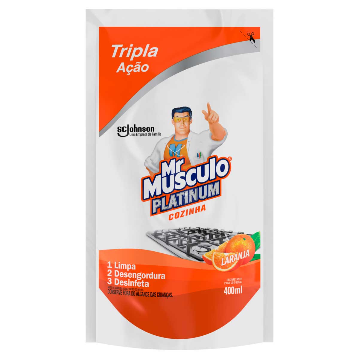 Desinfetante para Uso Geral Cozinha Tripla Acao Laranja Mr Musculo Platinum Sache 400ml
