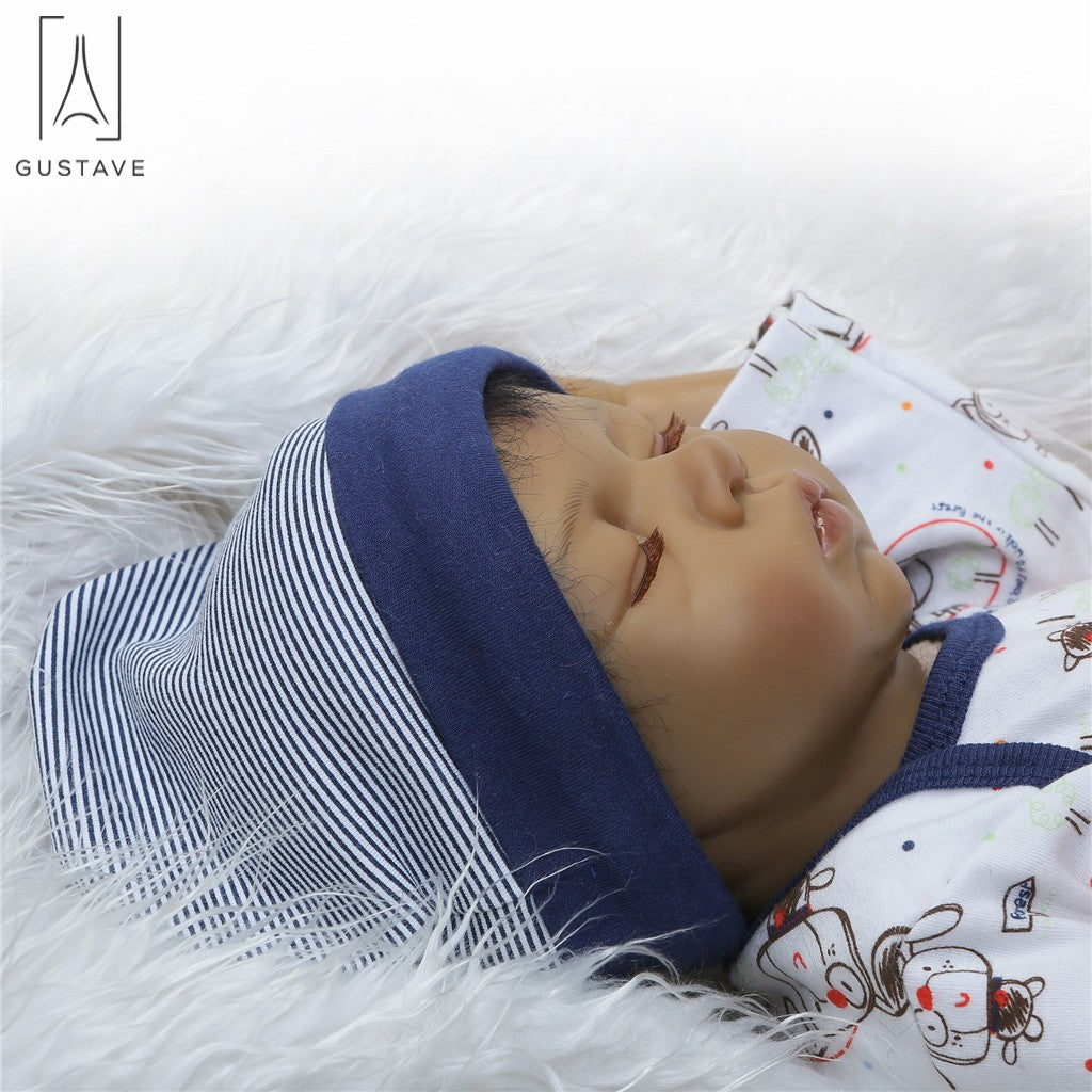 Gustave 22 Inch Reborn Baby Dolls Soft Silicone Vinyl Sleeping Black Boy Baby Dolls Lifelike Newborn Realistic India dolls for Xmas Gift