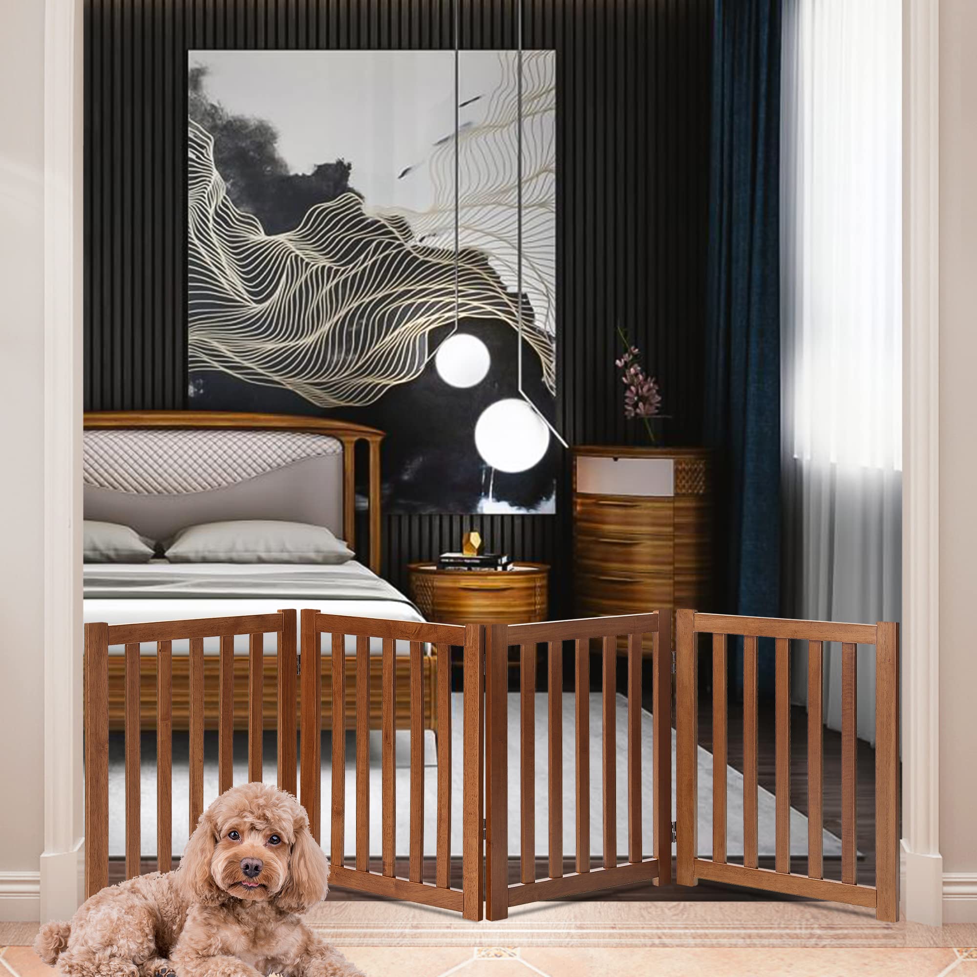 KAINSY Wood Freestanding Pet Gate， Home Traditional Pet Gate 4 Panel - 24 Inch Step Over Fence - Free Standing Folding Z Shape Indoor Doorway Hall Stairs Dog Puppy Gate