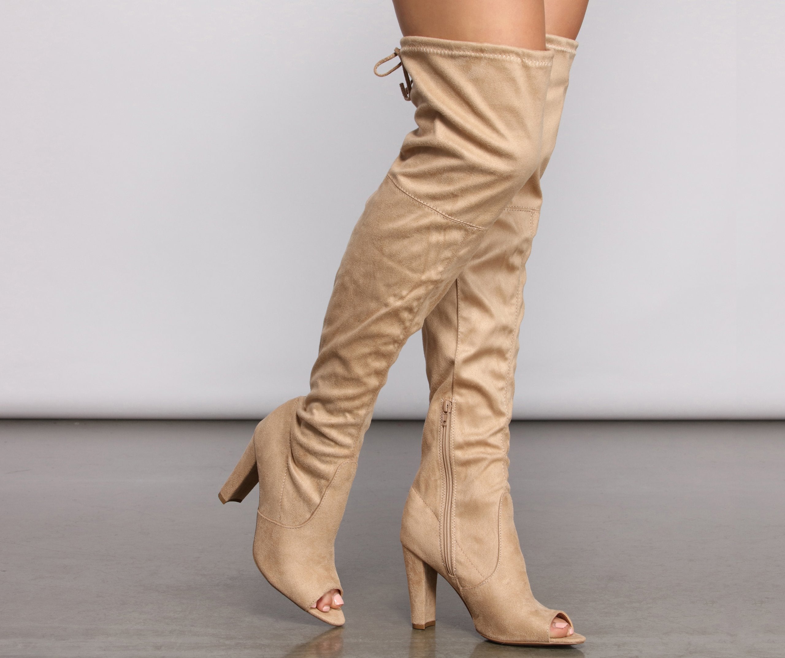 CLEARANCE - Over The Knee Open Toe Block Heeled Boots