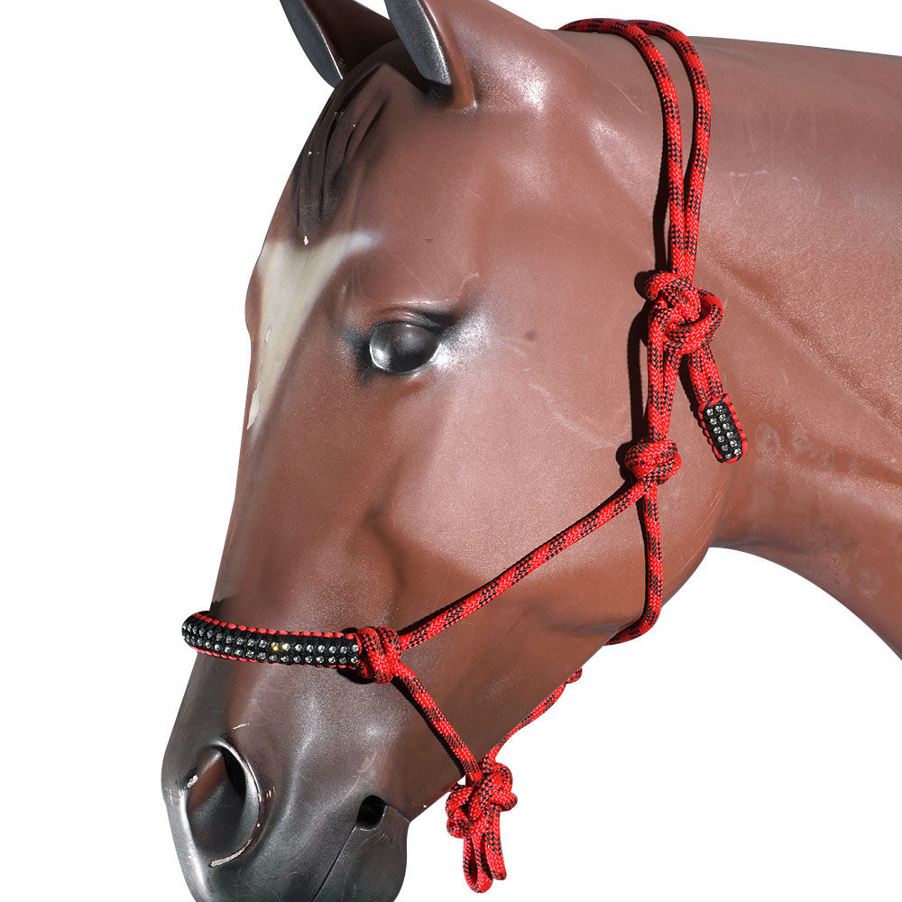 54DL Red Black Horse Halter Braided Poly Rope Crystal Accents Tack By Hilason