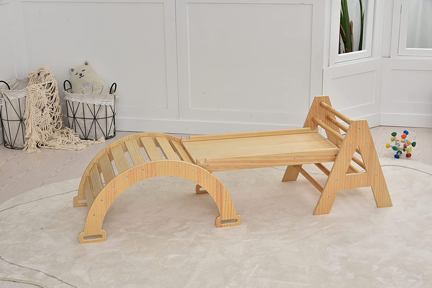 Avenlur MAPLE Montessori Waldorf Style Indoor Gym 5-in-1 Playset Foldable Triangle Ladder， Rock Climbing Ramp， Arch Climber， Slide， Rocker， Children Play Set Structure Playground Toddlers， Kids 1-6yrs