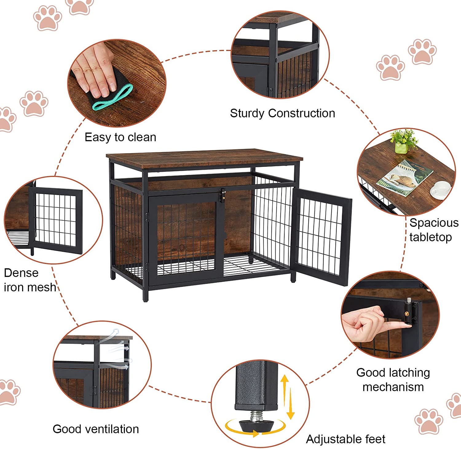 Kinsuite Wooden Dog Crate Furniture - Dog Kennels with 2 Doors Indoor Side Table for Small/Medium Dog， Decorative Mesh Pet Crate， Rustic Brown