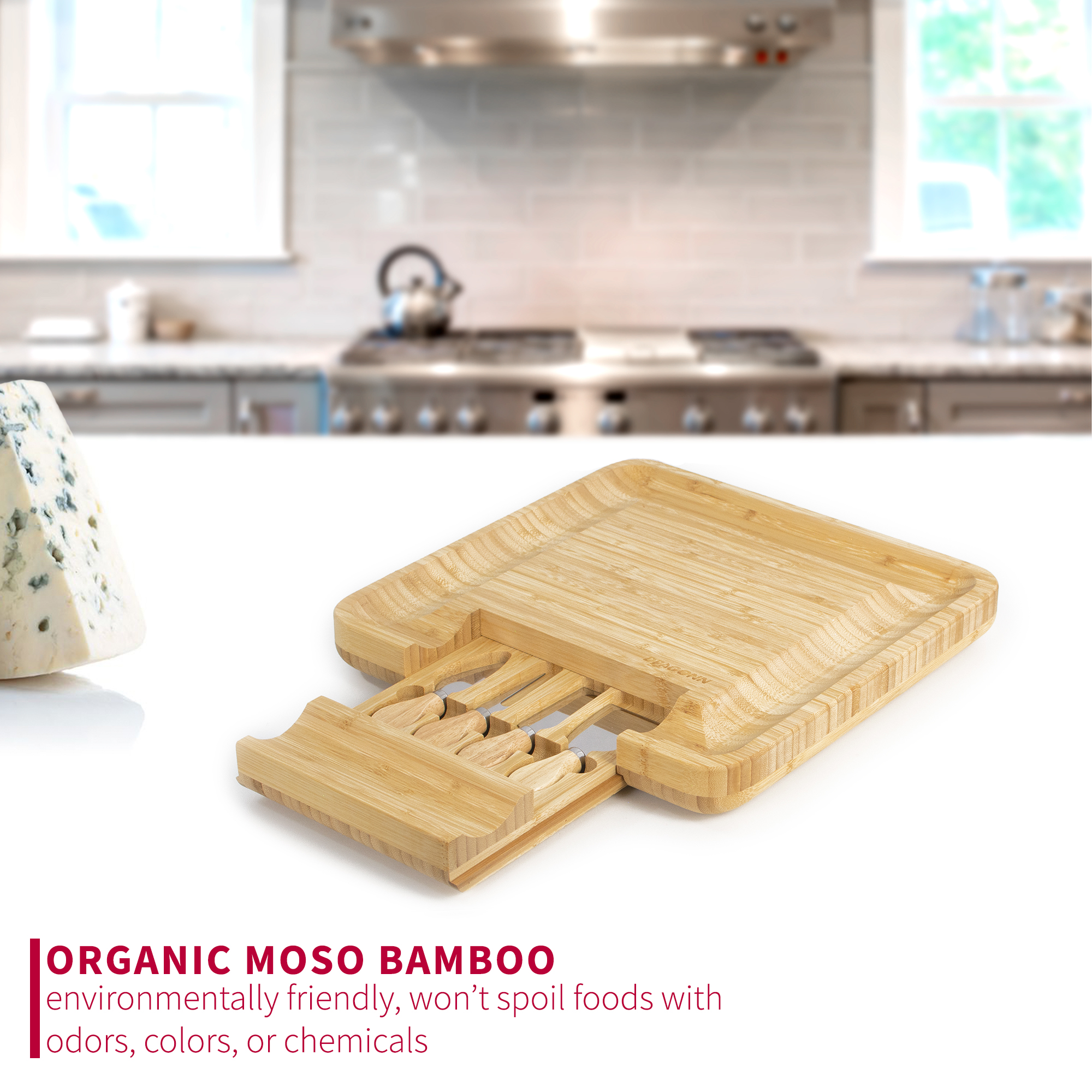 DRAGONN Natural Bamboo Cheese Board and Charcuterie Platter with Hidden Drawer