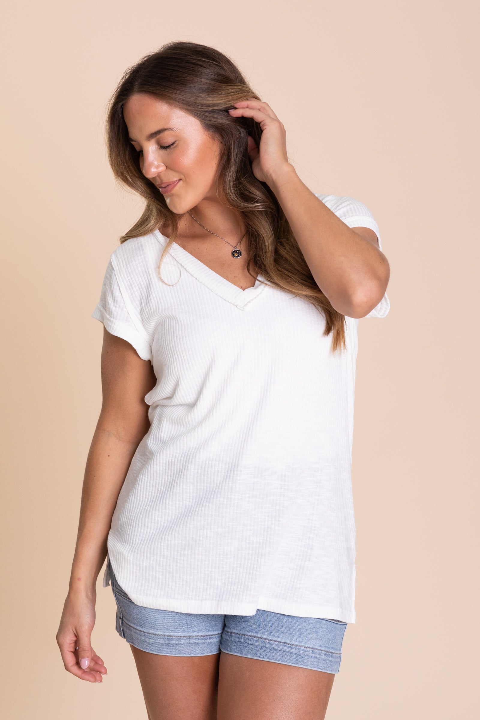 V-Neck Short Sleeve Solid Basic Knit Tops