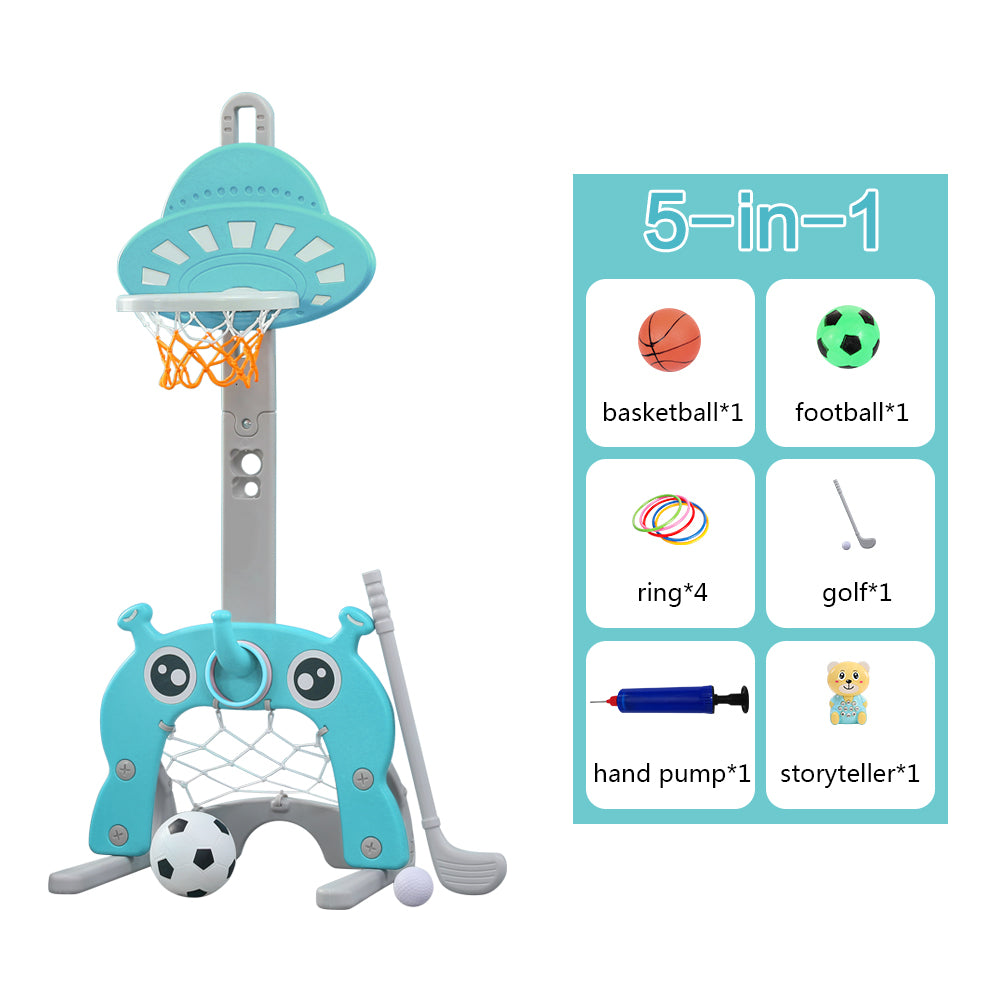 Kids Basketball Hoop 5 in 1 Toddlers Grow with Me Sports Activity Center Football Soccer Goal Golf Game Ring Toss Set for Indoor Outdoor， 3.8 to 5 Feet Height Adjustable， Green