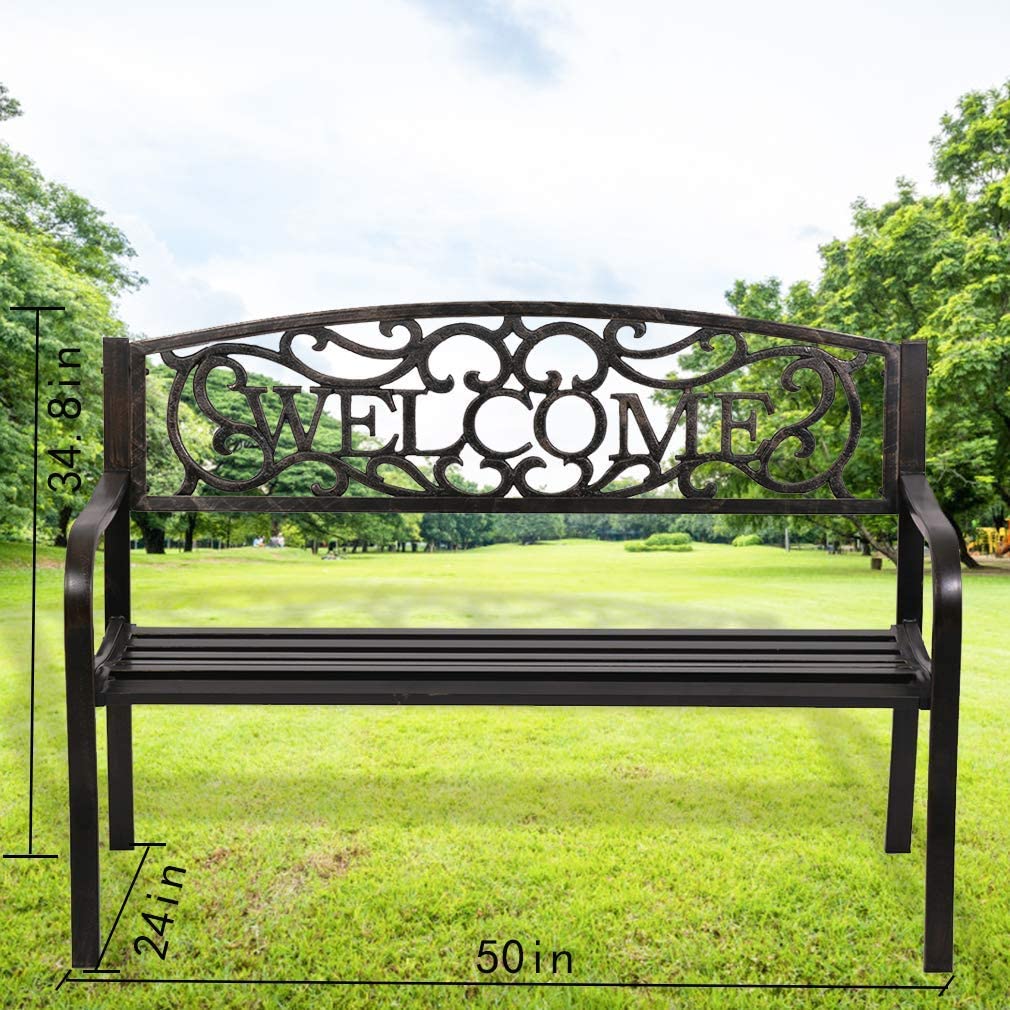 50" Metal Patio Garden Bench, Steel Frame Porch Chair with Armrests Outdoor Bench Park Yard Outdoor Furniture for Patio