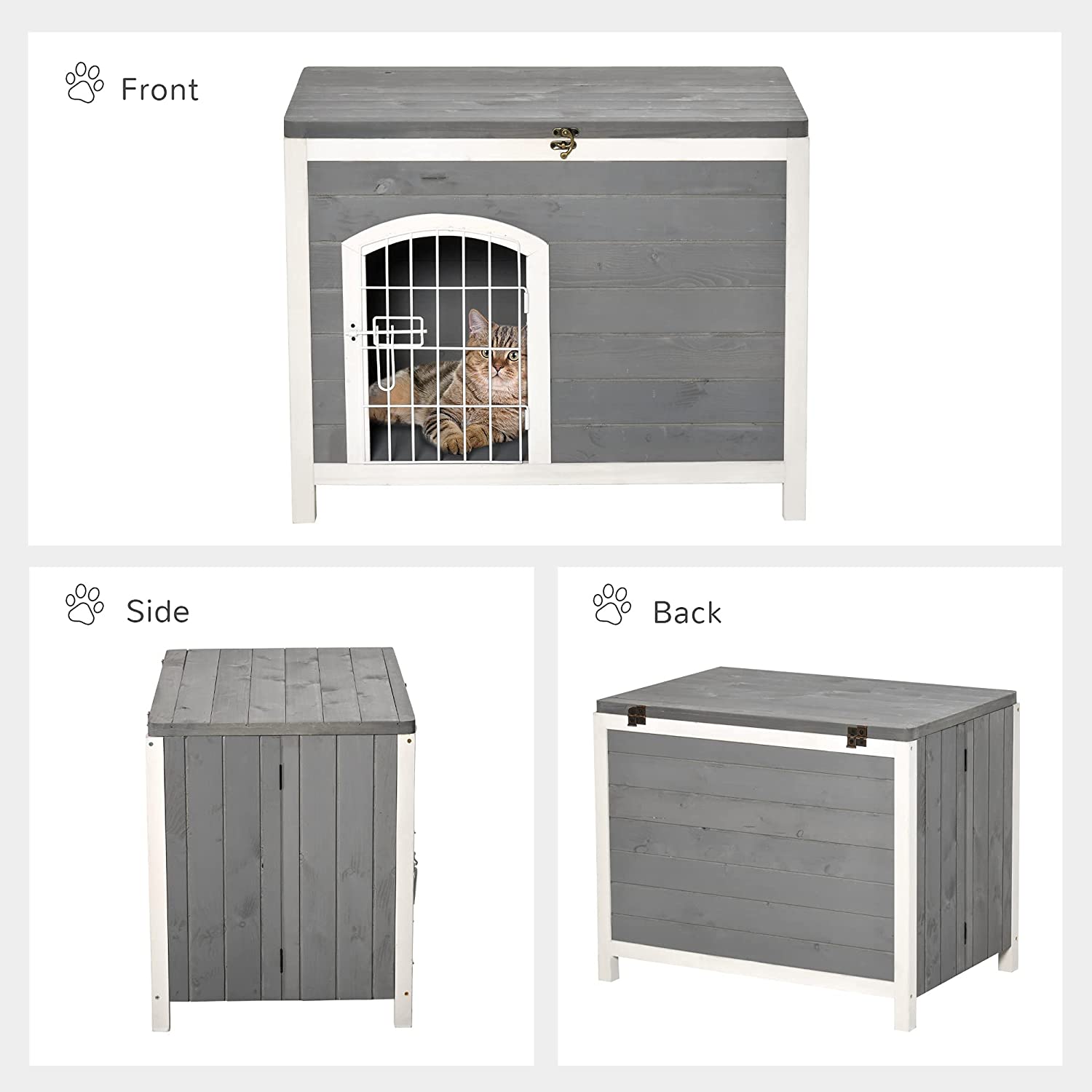 PawHut Foldable Wooden Dog House Raised Puppy Cage Kennel Cat Shelter for Indoor and Outdoor w/Lockable Door Openable Roof Removable Bottom for Small and Medium Pets Grey