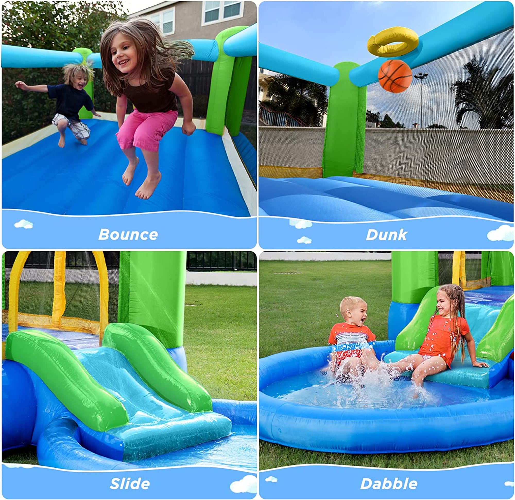 Valwix Inflatable Bounce House with Blower， Bouncy Castle w/ Waterslide and Pool for Wet Dry Combo， Bouncer w/ Repair Kits， Fun Bounce Area with Basketball Hoop