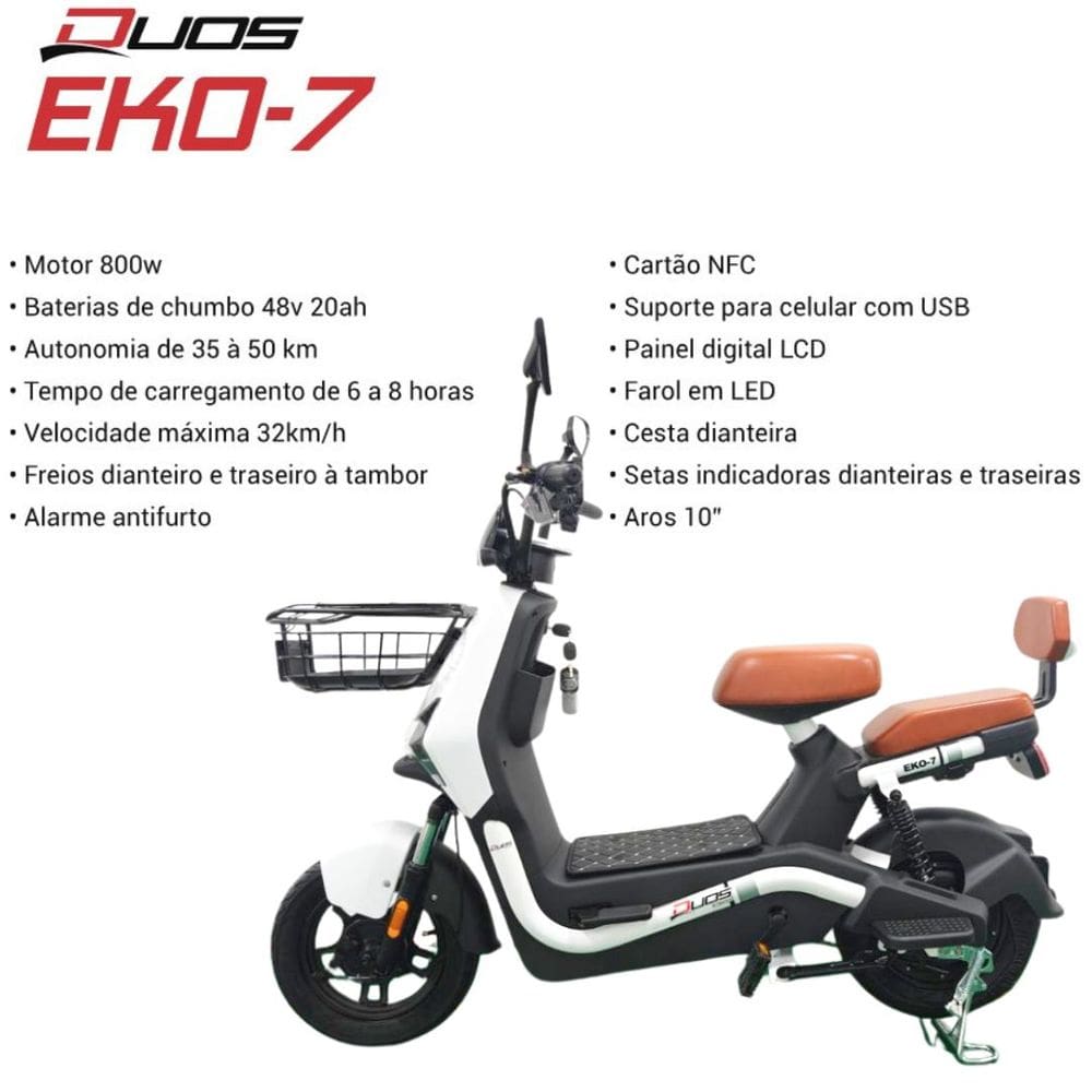 Bicicleta Scooter Elétrica 800W Eko-7 Alarme Entrada USB Duos Branca