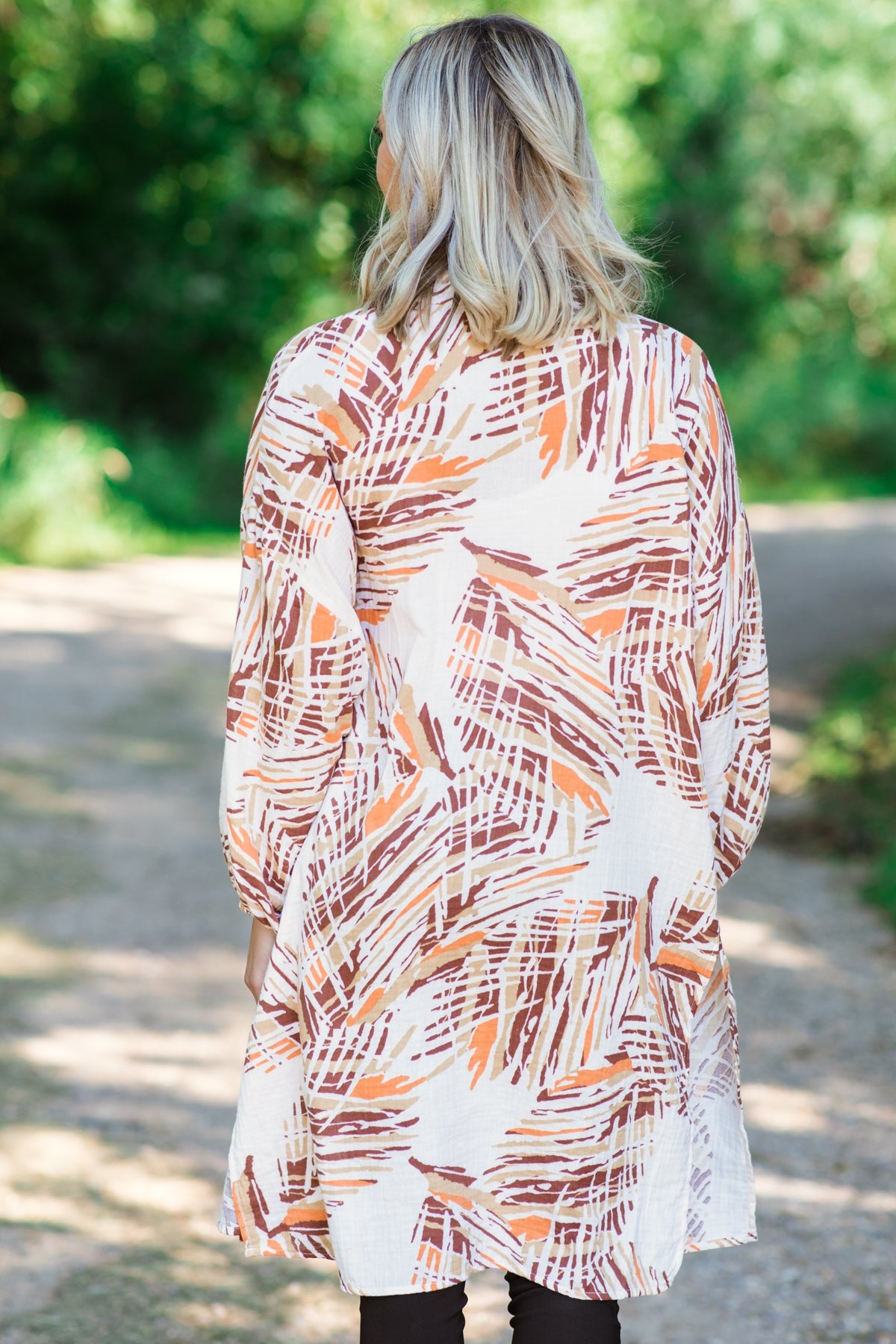 Ivory and Brown Palm Print Mid Length Cardigan
