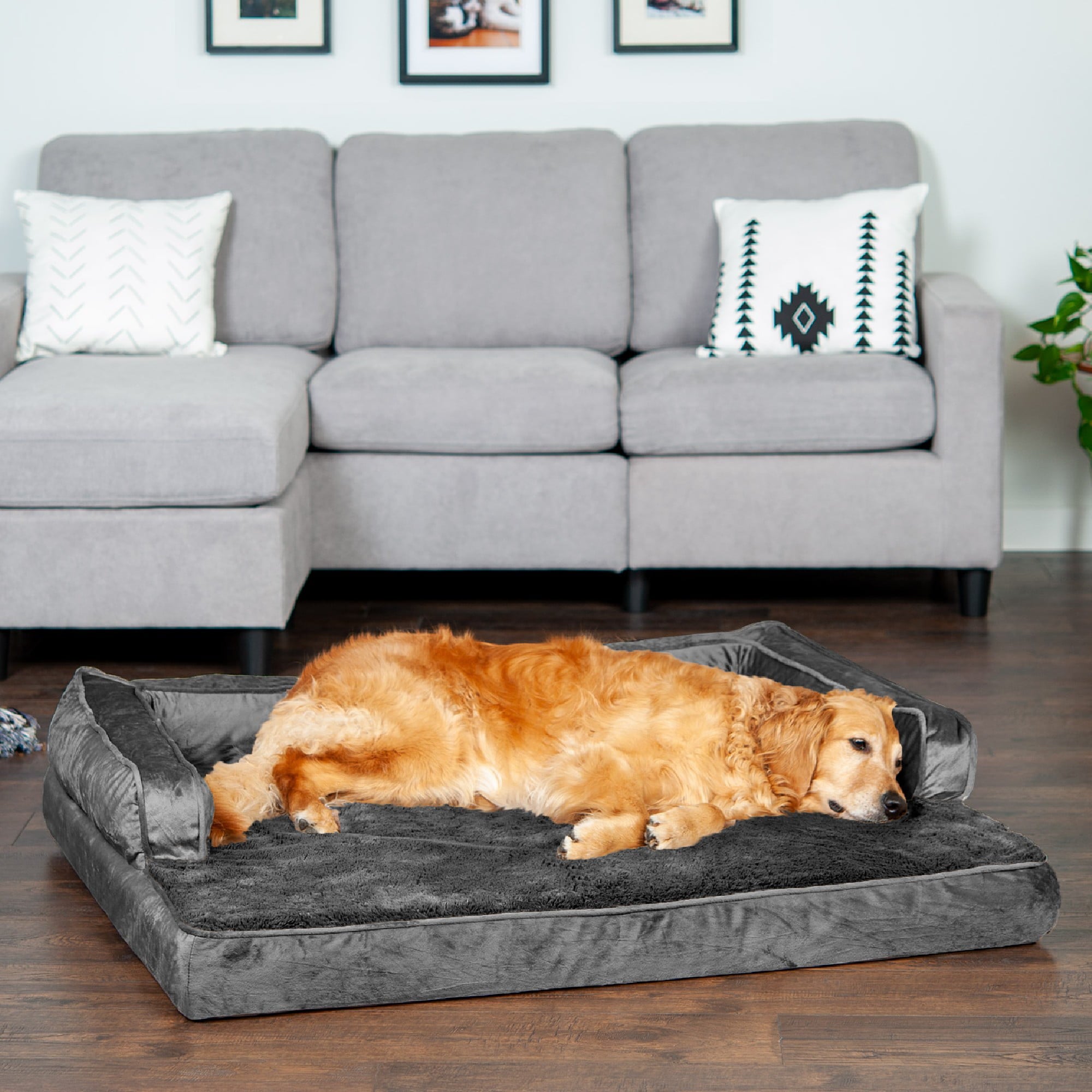 FurHaven Pet Products | Orthopedic Plush and Velvet Comfy Couch Sofa-Style Pet Bed for Dogs and Cats， Dark Gray， Jumbo
