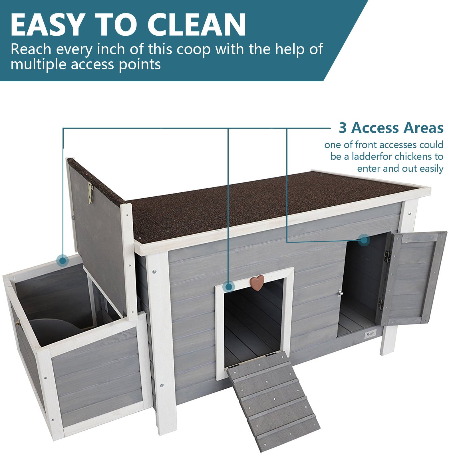 Petsfit Wooden Chicken Coop with Nesting Box，Weatherproof Poultry Cage， Rabbit Hutch Gray