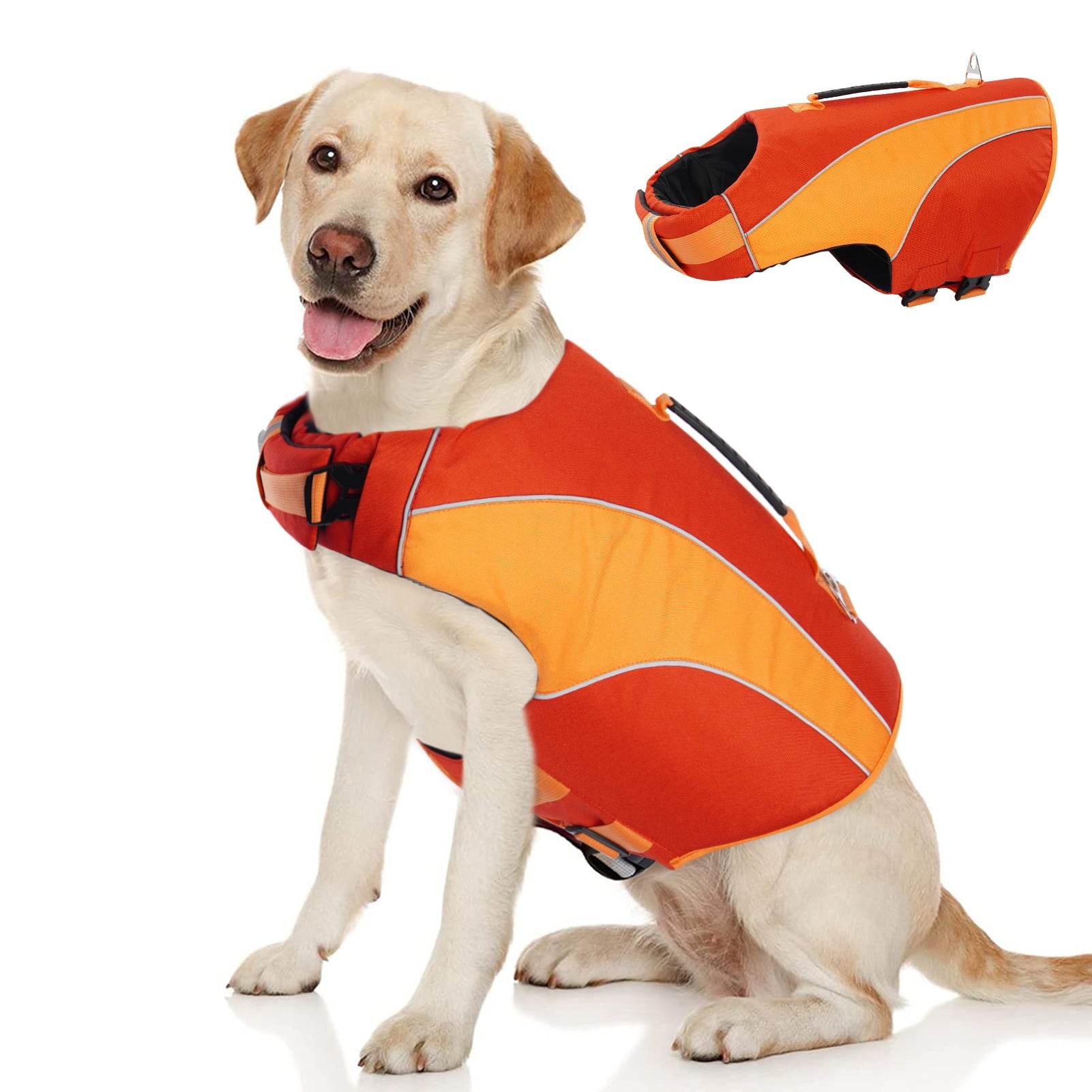 Queenmore Dog Life Jacket Pet Life Safety Vest for Swimming with Reflective Stripes/Adjustable Belt， High Buoyancy and Durable Rescue Handle for Small Medium and Large Dogs，Orange