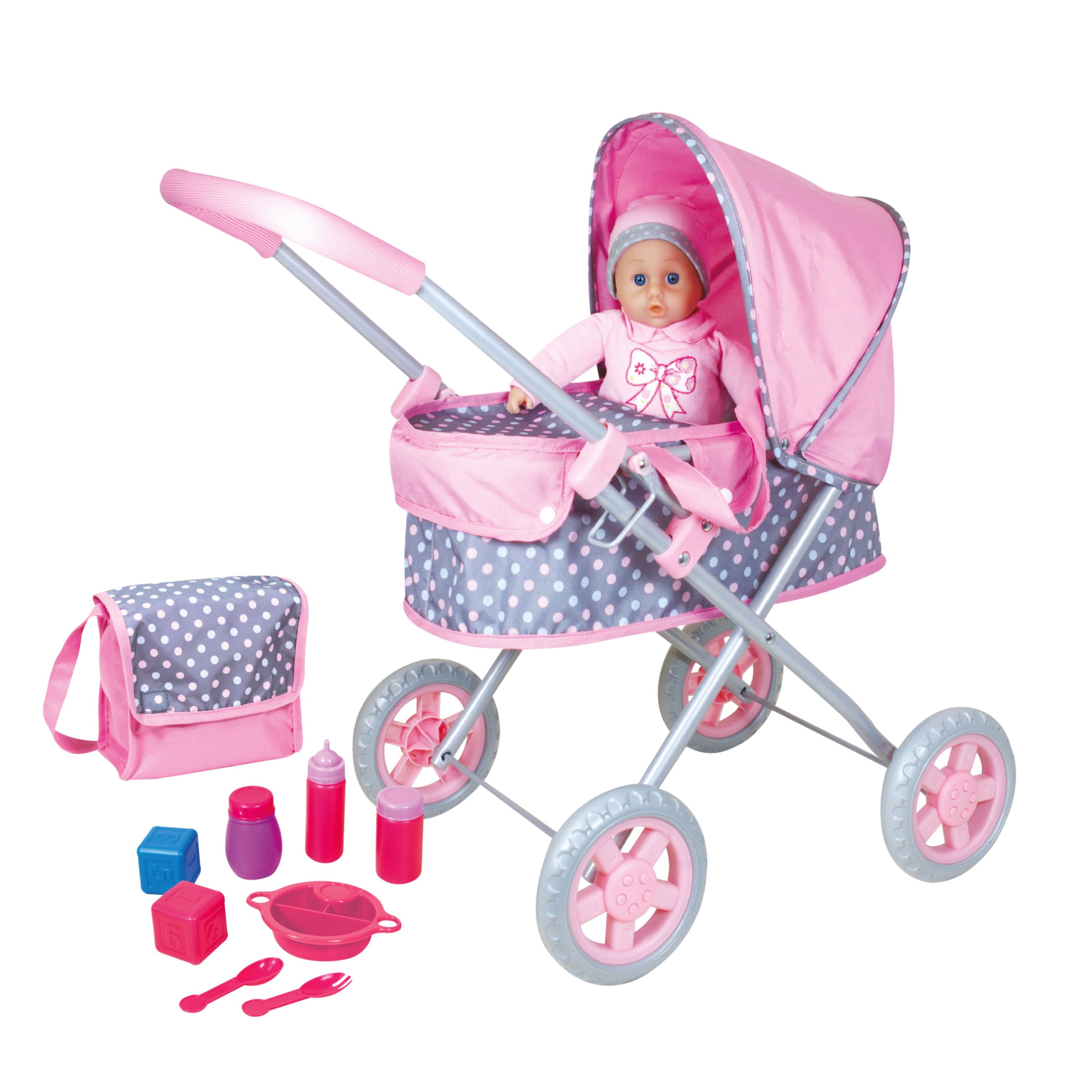 Lissi Soft Baby Doll with Baby Pram Doll Playset, 11 Pieces