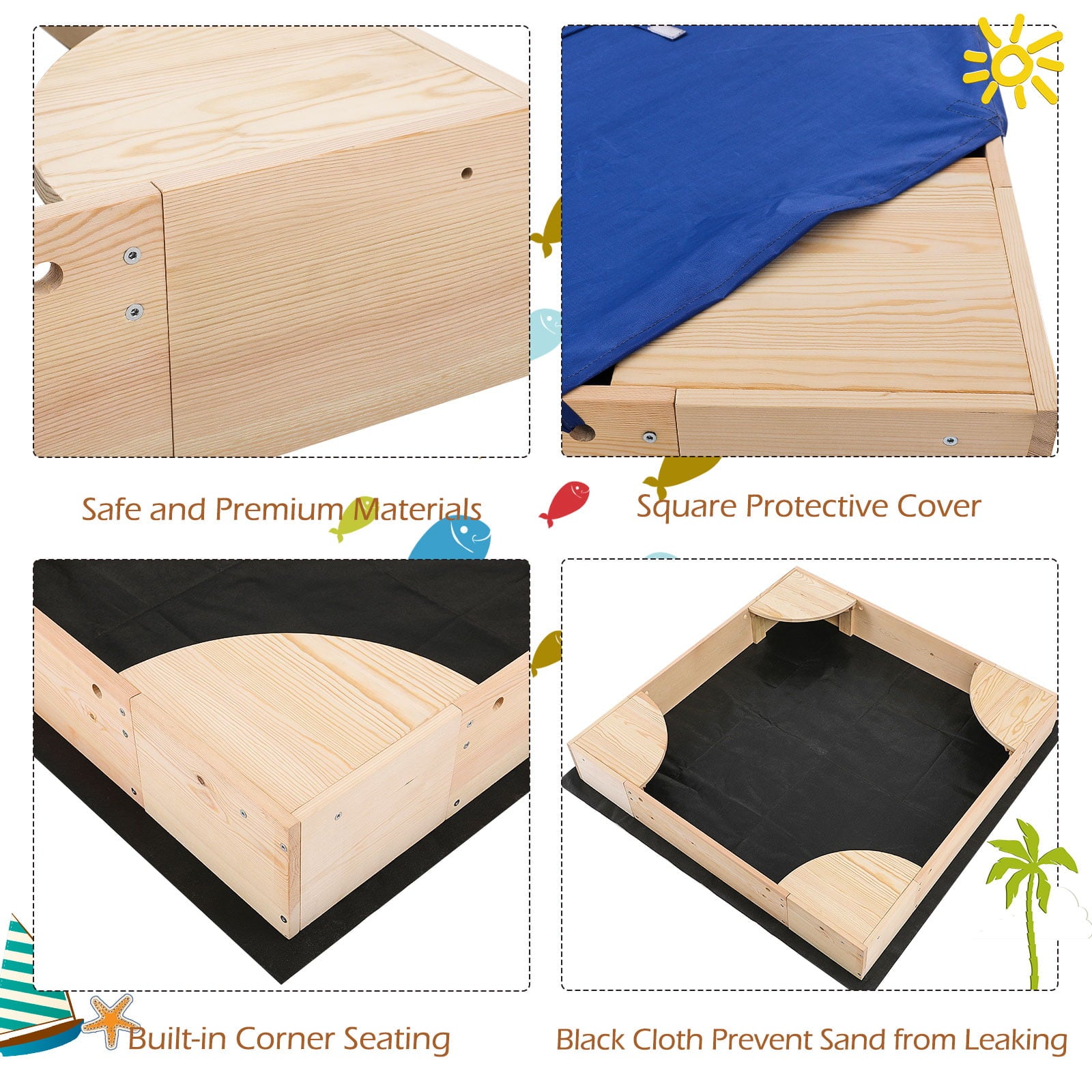 Increkid Kids Wooden Outdoor Sandbox with Cover， Built-in Corner Seats， Natural