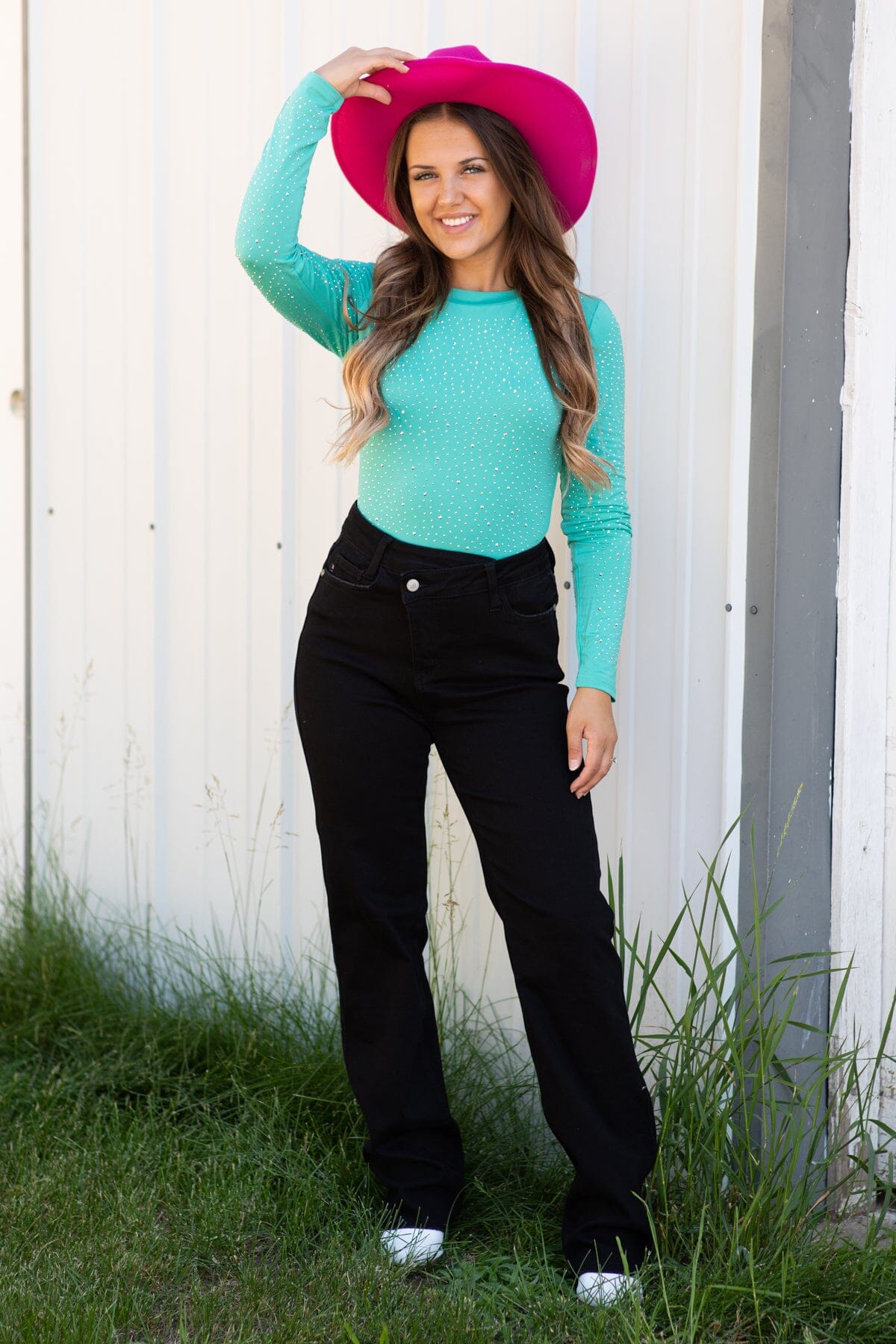 Mint Long Sleeve Bodysuit With Rhinestones
