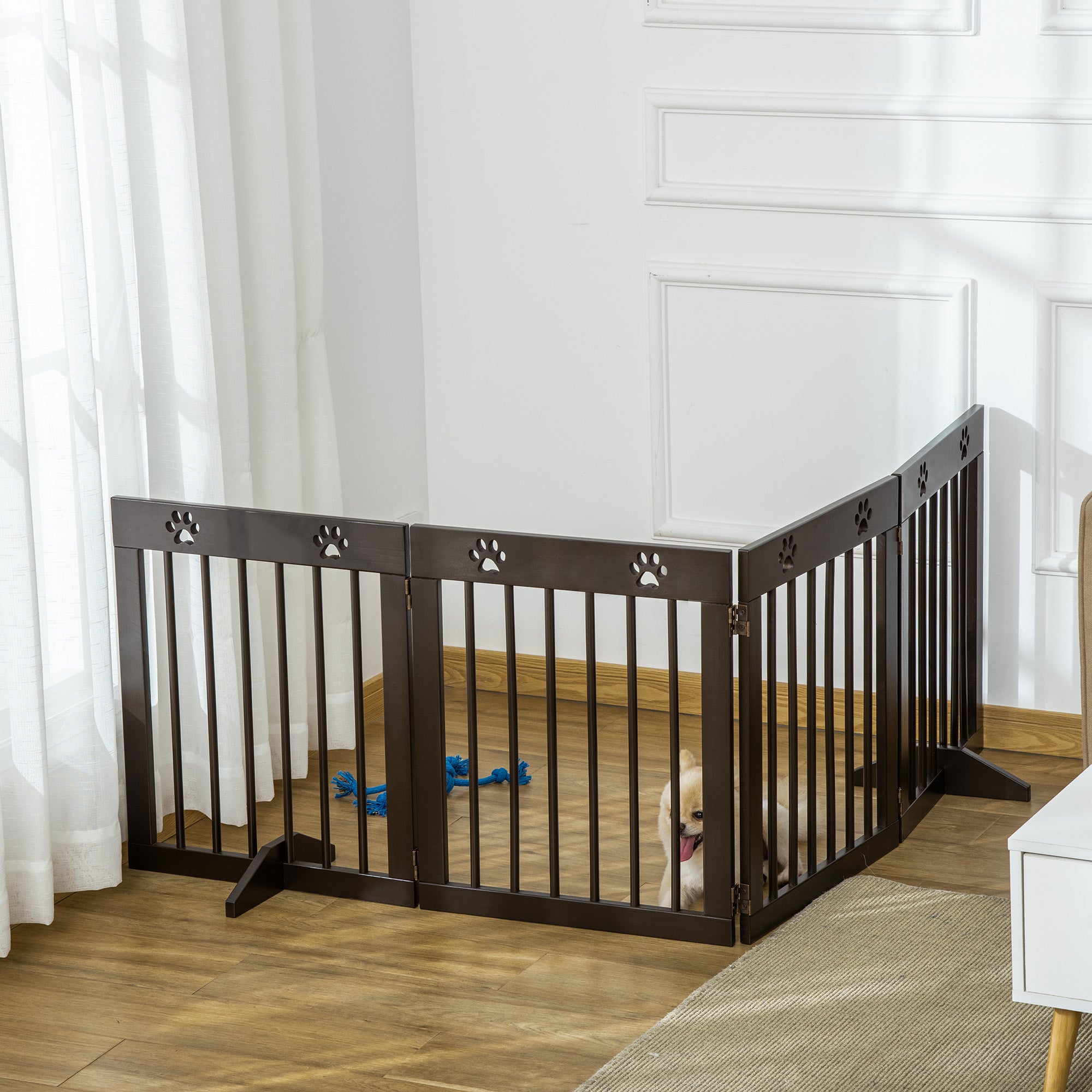 PawHut Freestanding Pet Gate， Wooden Dog Barrier， Folding Safety Fence with 4 Panel， Support Feet up to 80.25