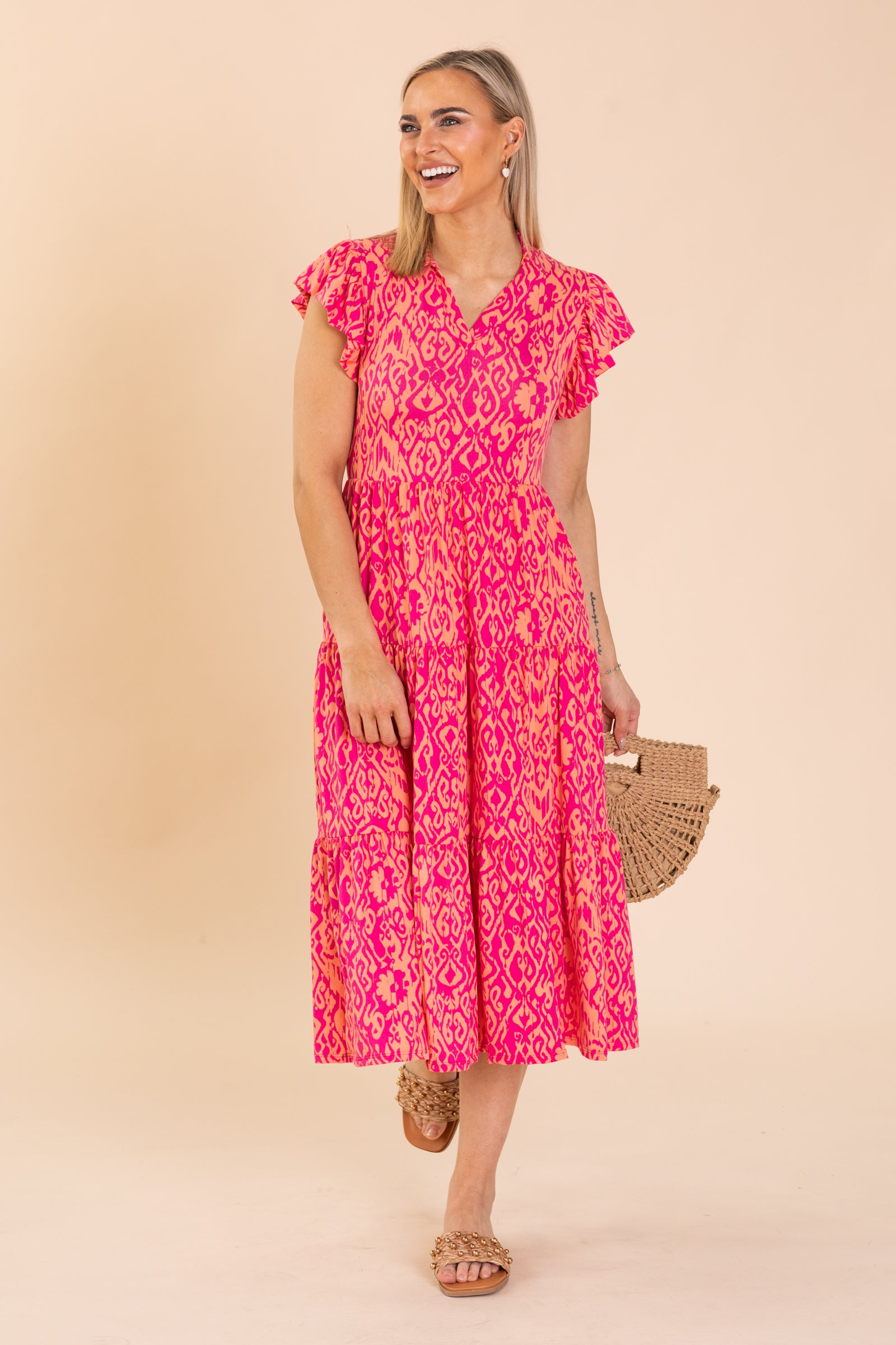 Fuchsia Collared Notch Knit Dress With Pockets