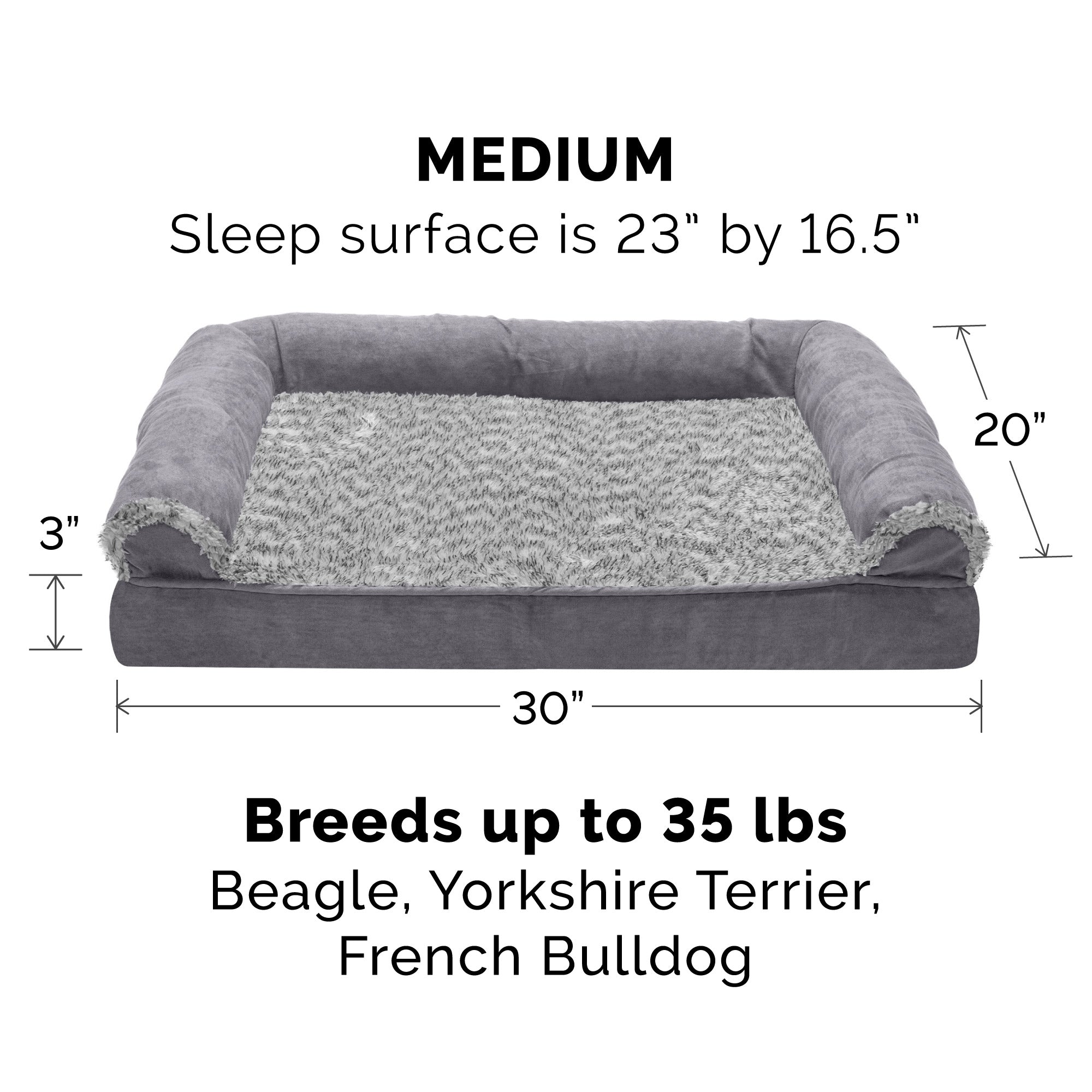 FurHaven Pet Products | Cooling Gel Memory Foam Orthopedic Two-Tone Faux Fur and Suede Sofa-Style Couch Pet Bed for Dogs and Cats， Stone Gray， Medium