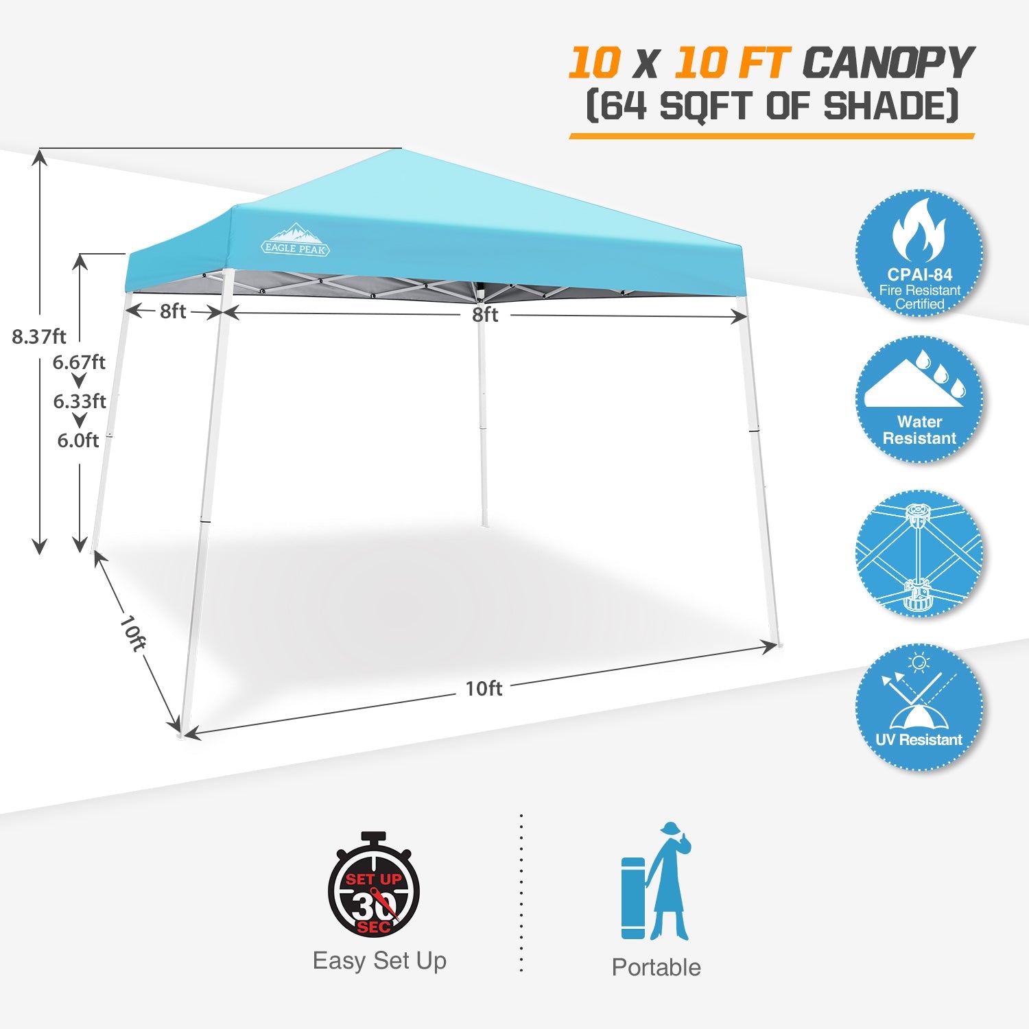 EAGLE PEAK 10' x 10' Slant Leg Pop-up Canopy Tent Easy One Person Setup Instant Outdoor Canopy Folding Shelter with 64 Square Feet of Shade (Light Blue)