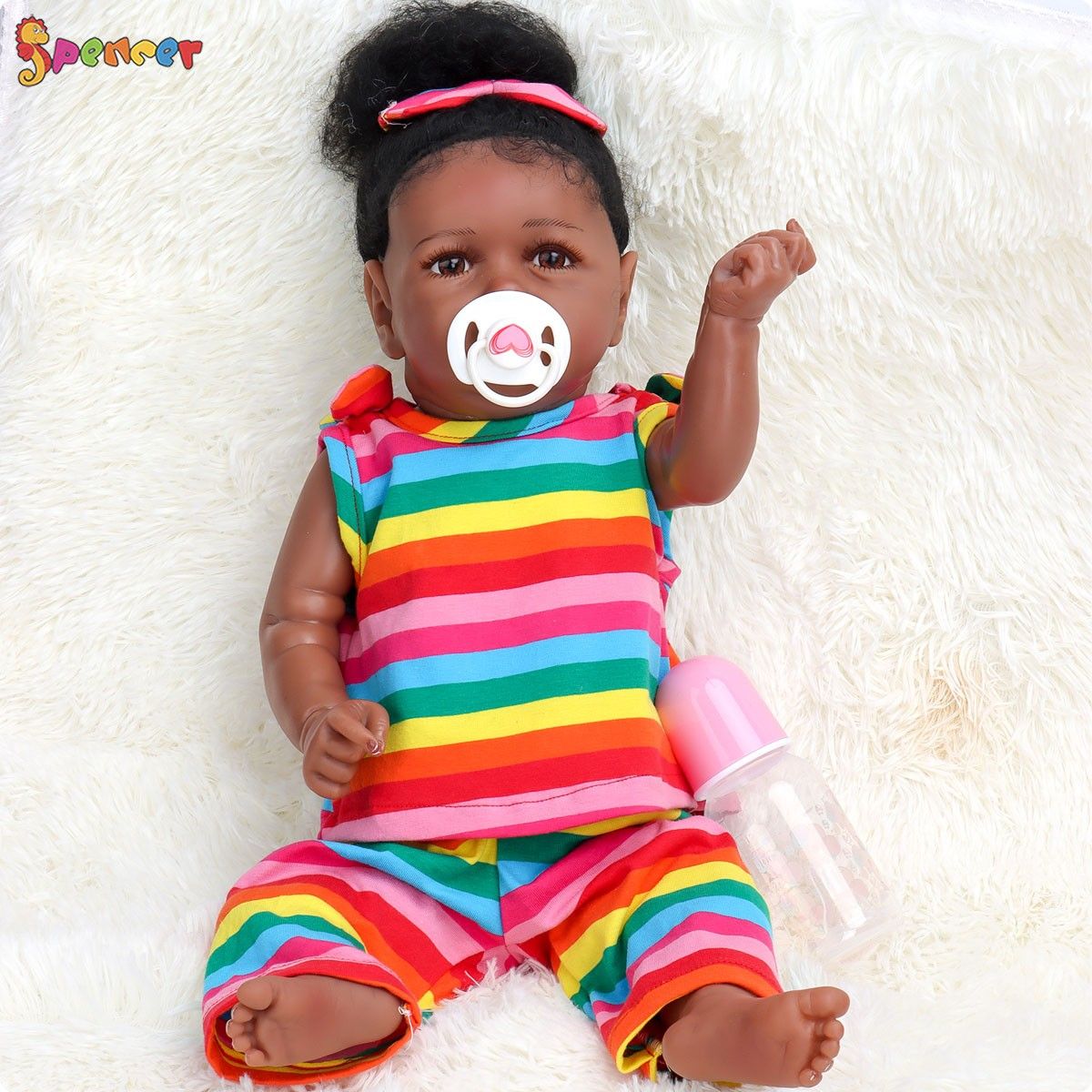 Spencer 22 Inch Handmade Lifelike Reborn Baby Dolls Soft Silicone Vinyl Black Skin Realistic Girl Doll Xma Gifts for Ages 3+