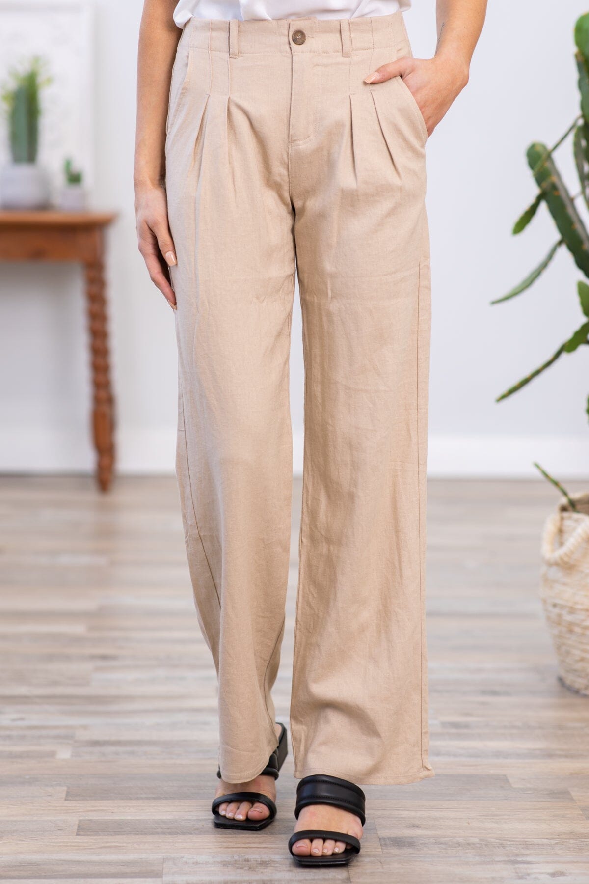 Tan Wide Leg Trouser Pants