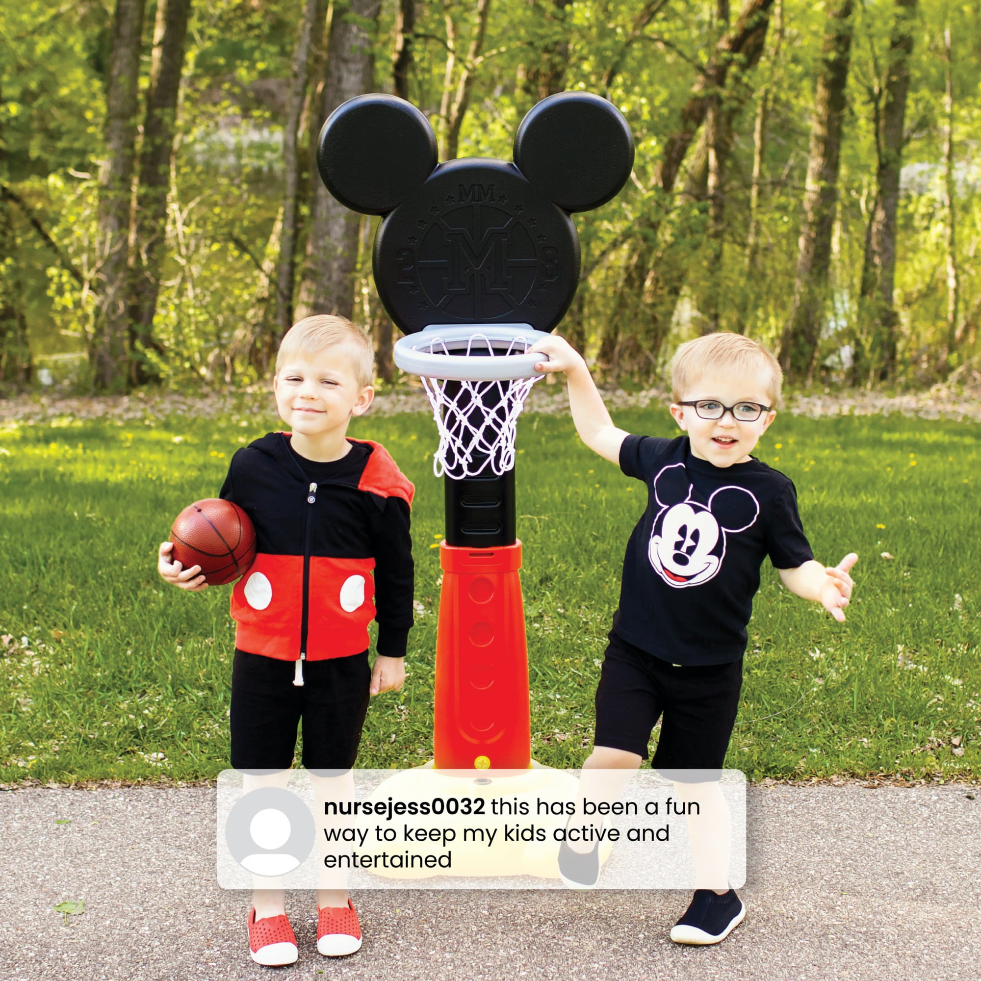 Disney Mickey Mouse Plastic Basketball Set by Delta Children – Includes Basketball Hoop， 1 Basketball， Ring Toss Game with 3 Rings， Growth Cart and Ball Pump