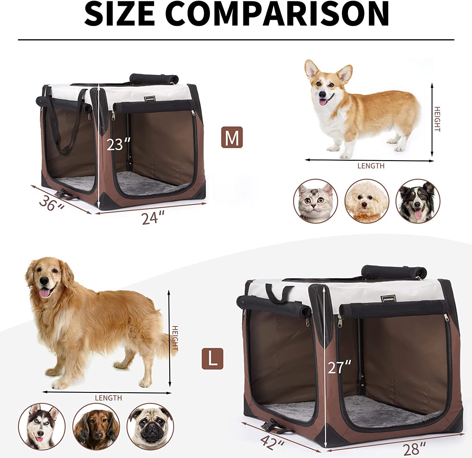 Dog Crates for Medium Dogs， Portable Collapsible Three Door Dog Kennel and Houses， Soft-Sided Cage for Indoor Training and Outdoor Travel with Pad (Large (42