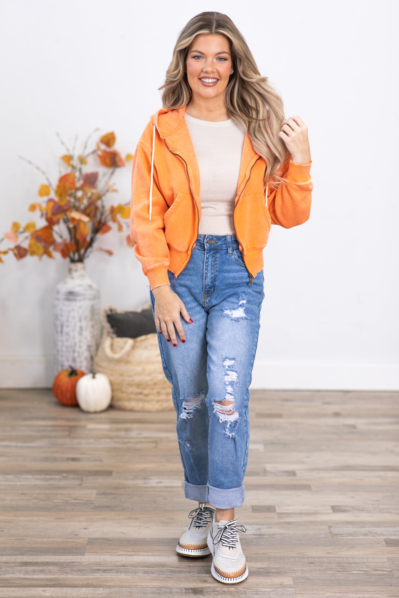 Light Orange Washed Fleece Full Zip Hoodie