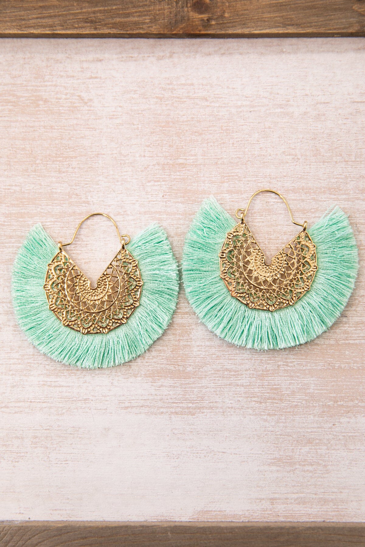 Mint and Gold Round Fan Tassel Earrings