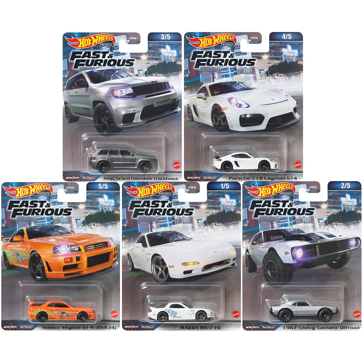 2023 Hot Wheels Fast and Furious Premium Set of 5， 1/64 Diecast Model Cars HNW46-956A