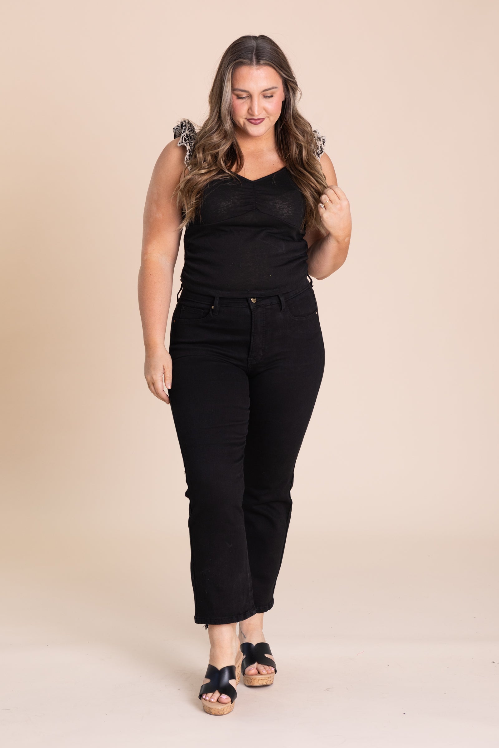 Risen Black Tummy Control Crop Straight Pants